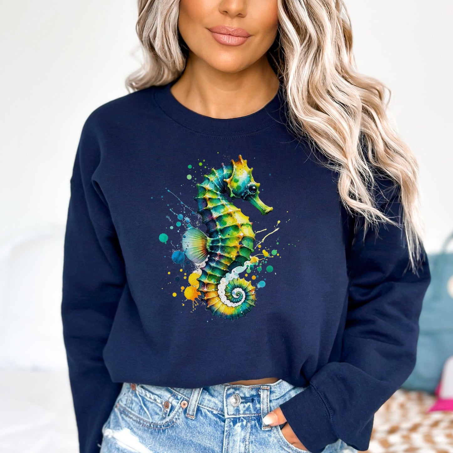 Artistic Seahorse Color Splash Unisex Sweatshirt Black Navy Dark Heather-Navy-Family-Gift-Planet