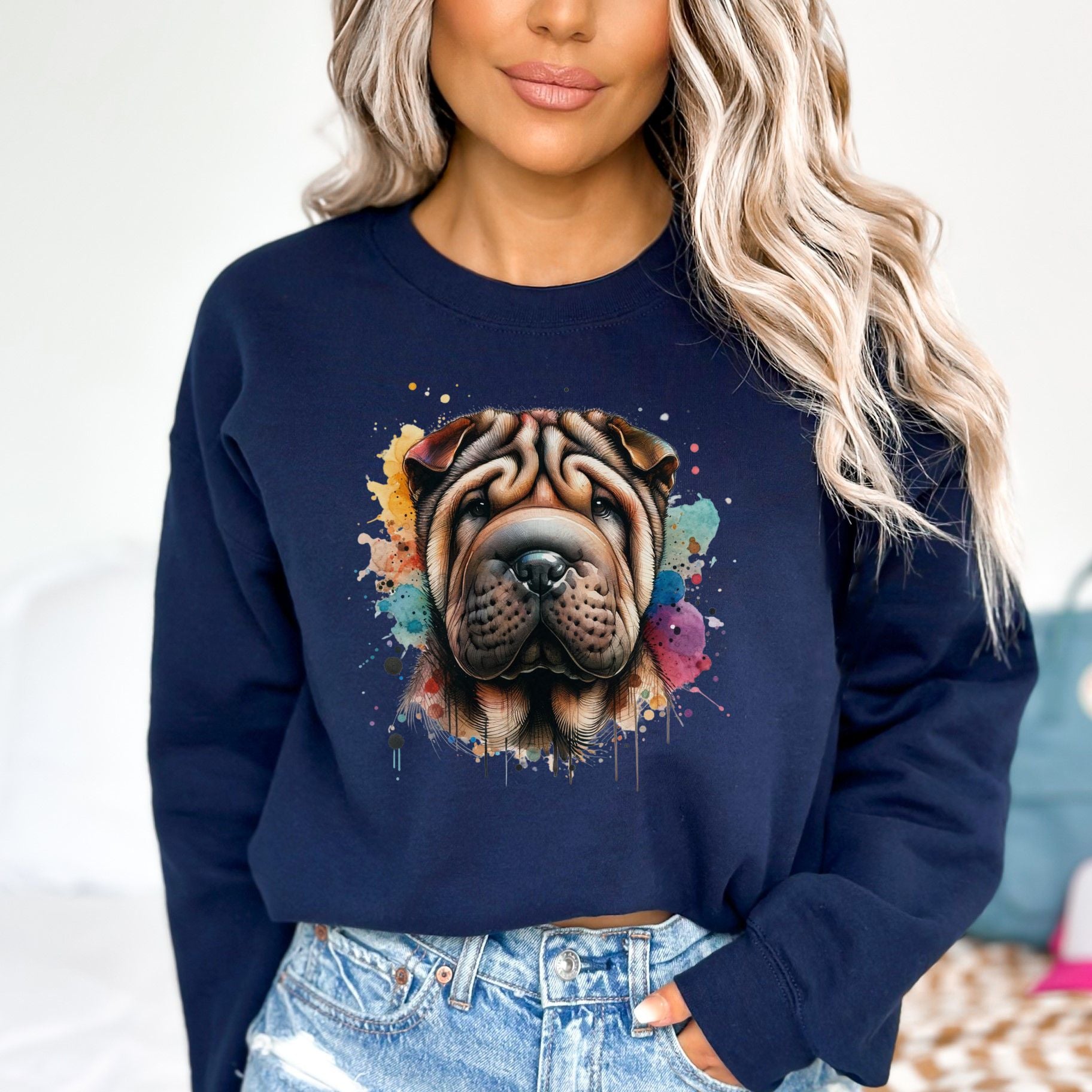 Shar-Pei dog mom Color Splash Unisex Sweatshirt Black Navy Dark Heather-Navy-Family-Gift-Planet