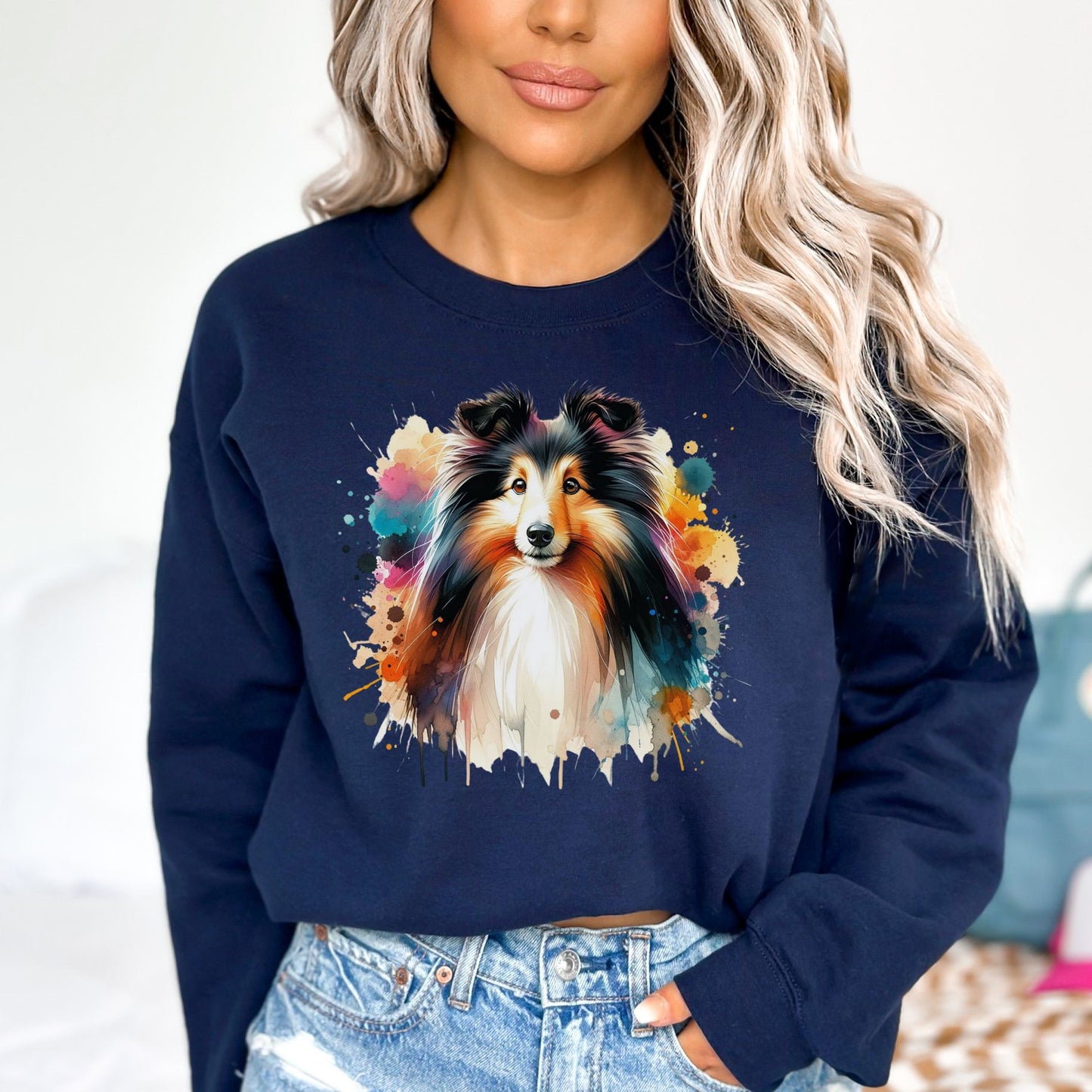 Shetland Sheepdog dog mom Color Splash Unisex Sweatshirt Black Navy Dark Heather-Navy-Family-Gift-Planet