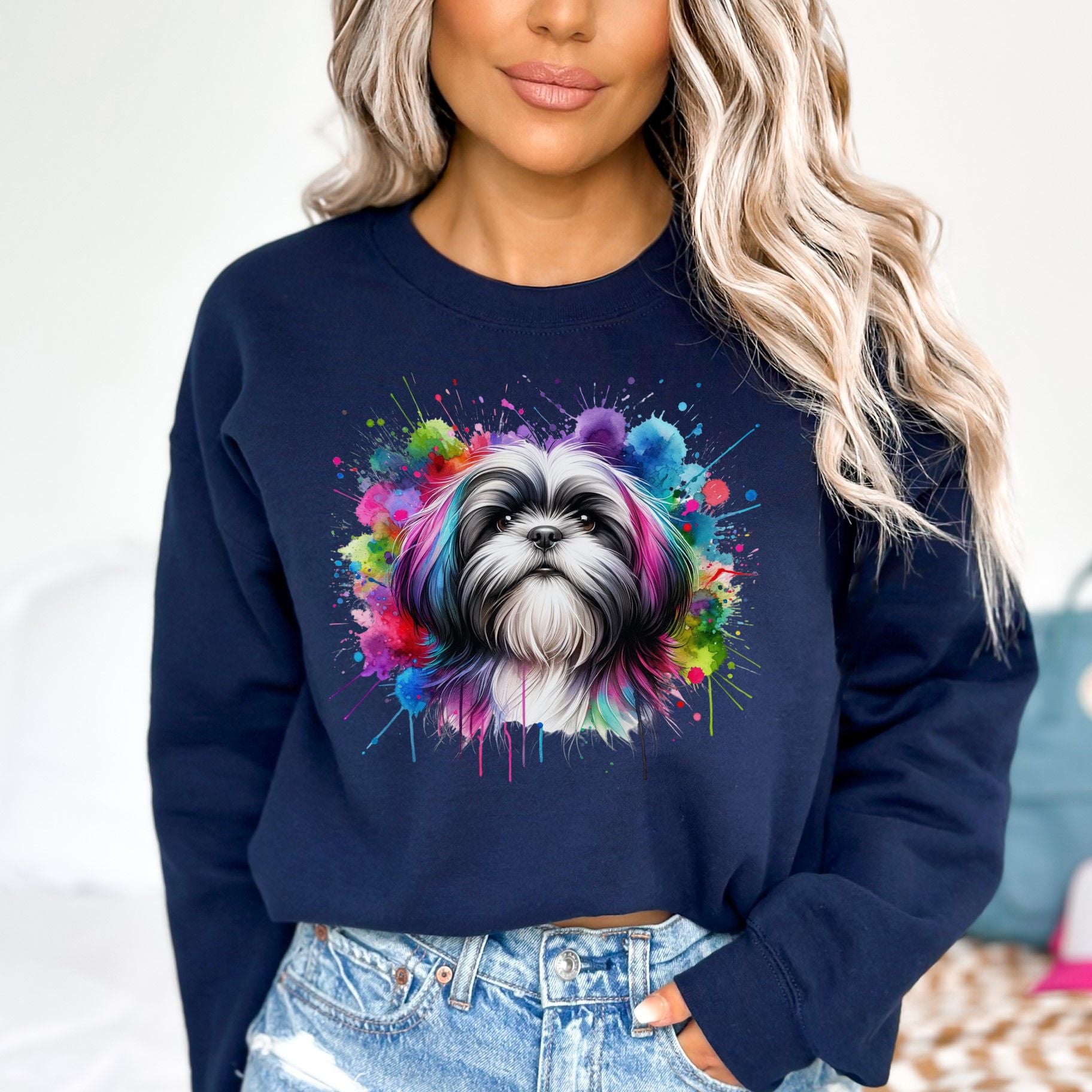 Artistic Shih Tzu mama Color Splash Unisex Sweatshirt Black Navy Dark Heather-Navy-Family-Gift-Planet