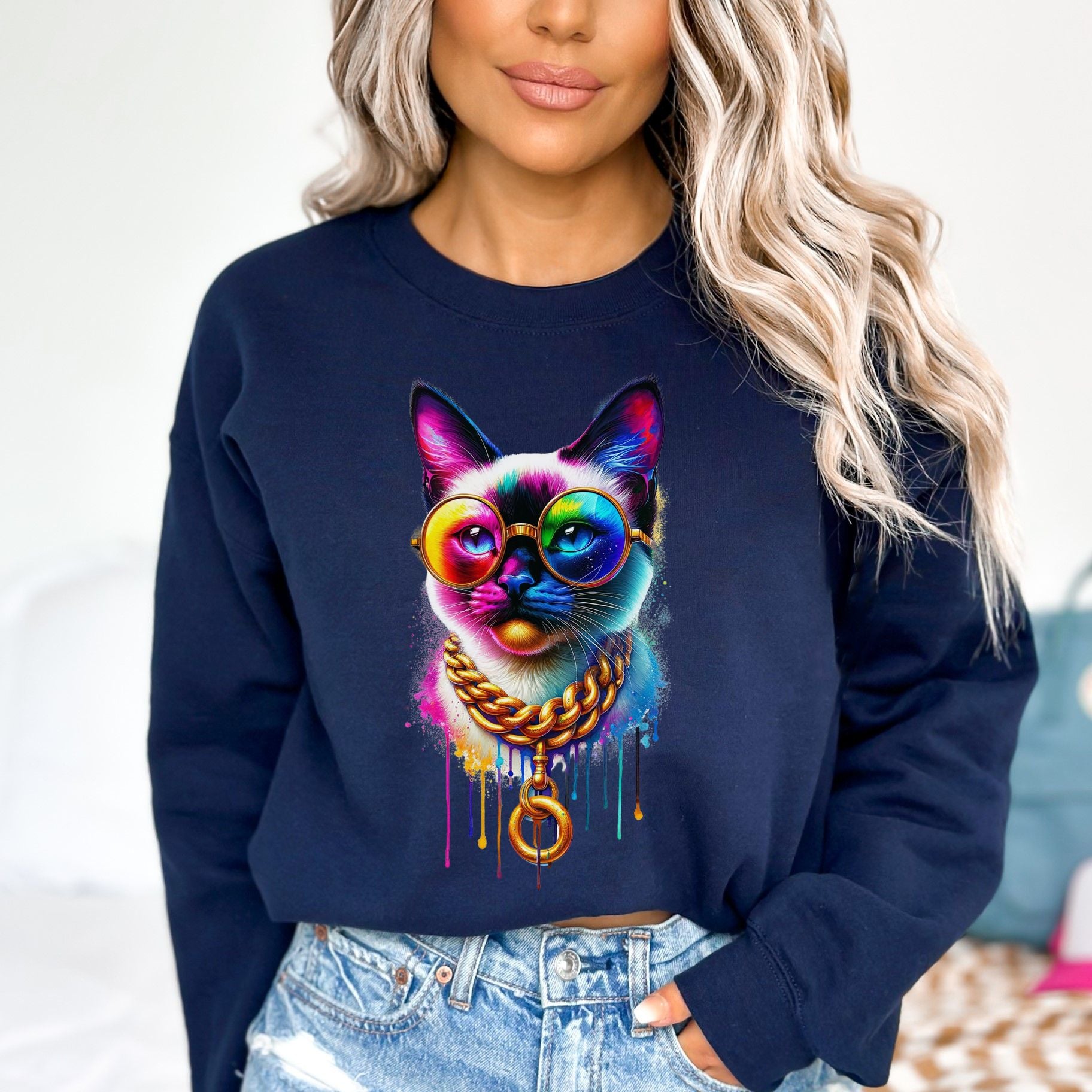 Siamese cat in hip style Color Splash Unisex Sweatshirt Black Navy Dark Heather-Navy-Family-Gift-Planet