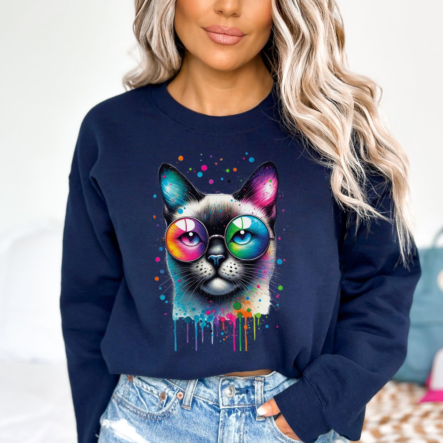 Siamese cat with eyeglasses Color Splash Unisex Sweatshirt-Navy-Family-Gift-Planet