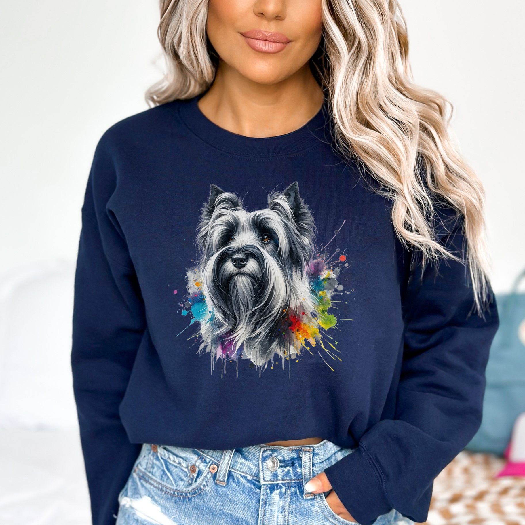 Skye Terrier dog mom Color Splash Unisex Sweatshirt Black Navy Dark Heather-Navy-Family-Gift-Planet