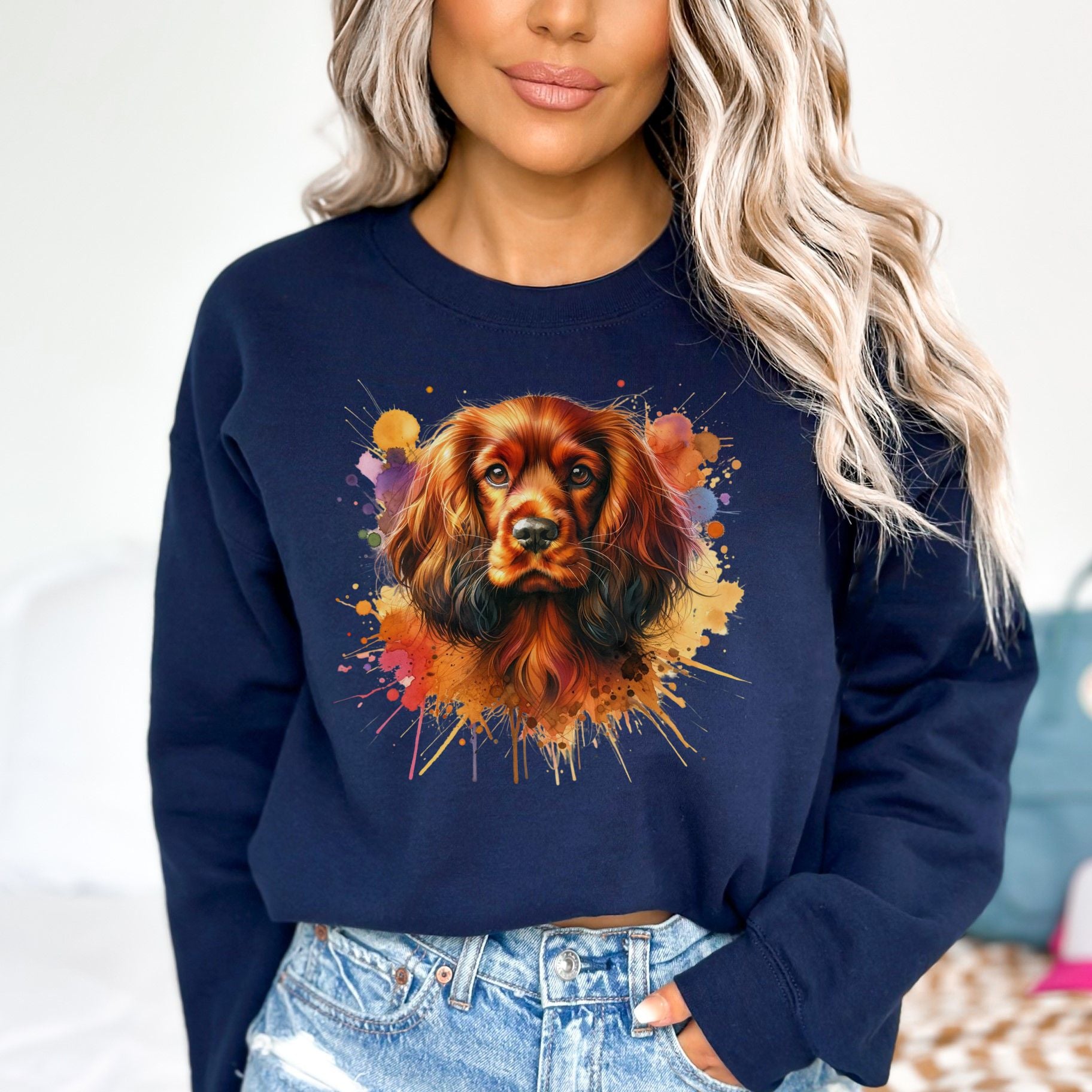 Sussex Spaniel dog mom Color Splash Unisex Sweatshirt Black Navy Dark Heather-Navy-Family-Gift-Planet