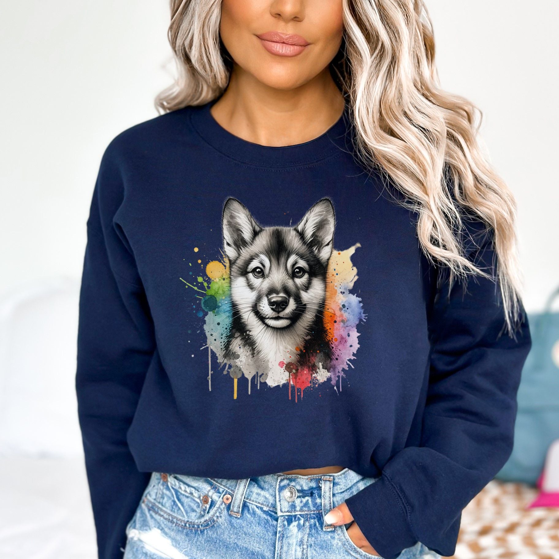 Swedish Vallhund dog mom Color Splash Unisex Sweatshirt Black Navy Dark Heather-Navy-Family-Gift-Planet