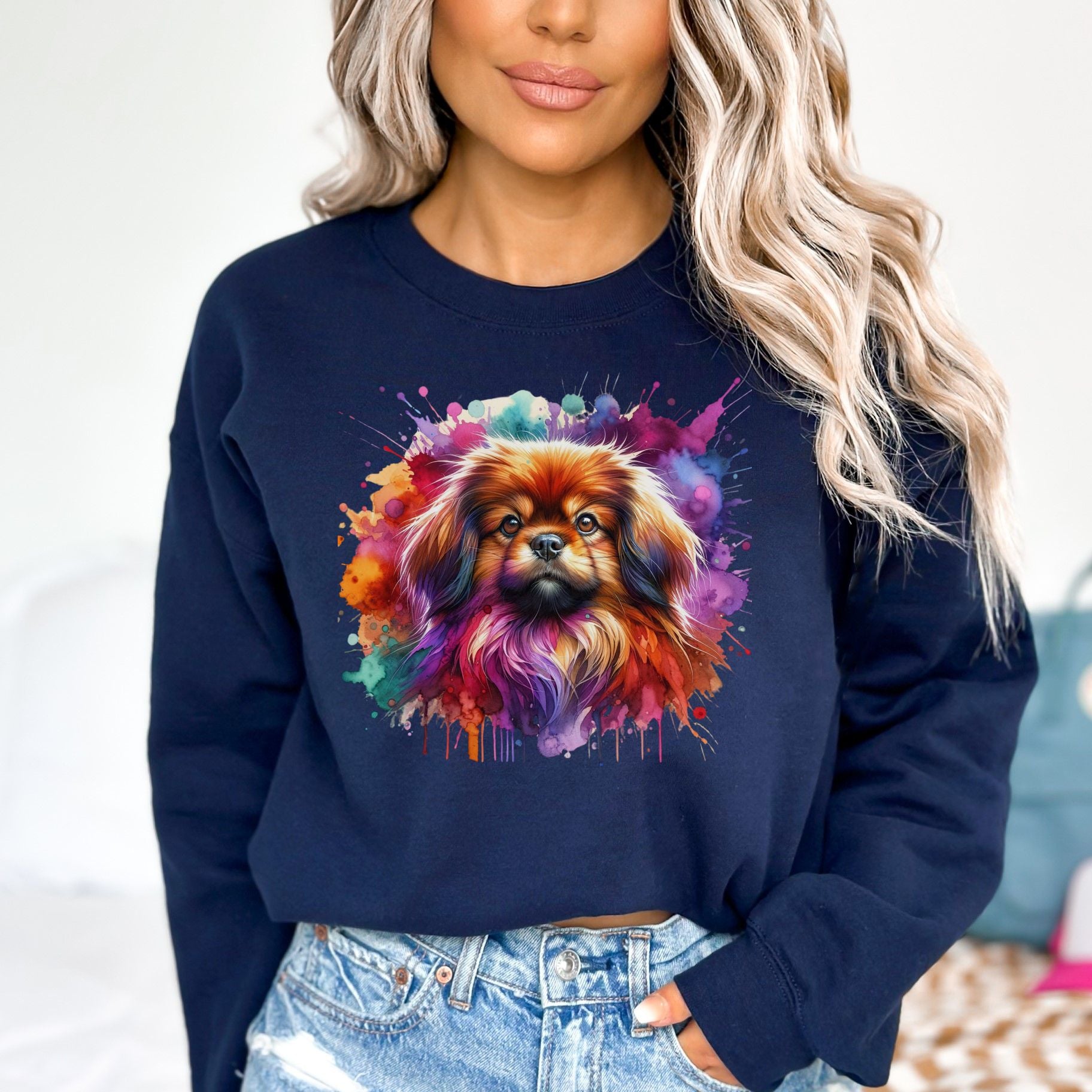 Tibetan Spaniel dog mom Color Splash Unisex Sweatshirt Black Navy Dark Heather-Navy-Family-Gift-Planet