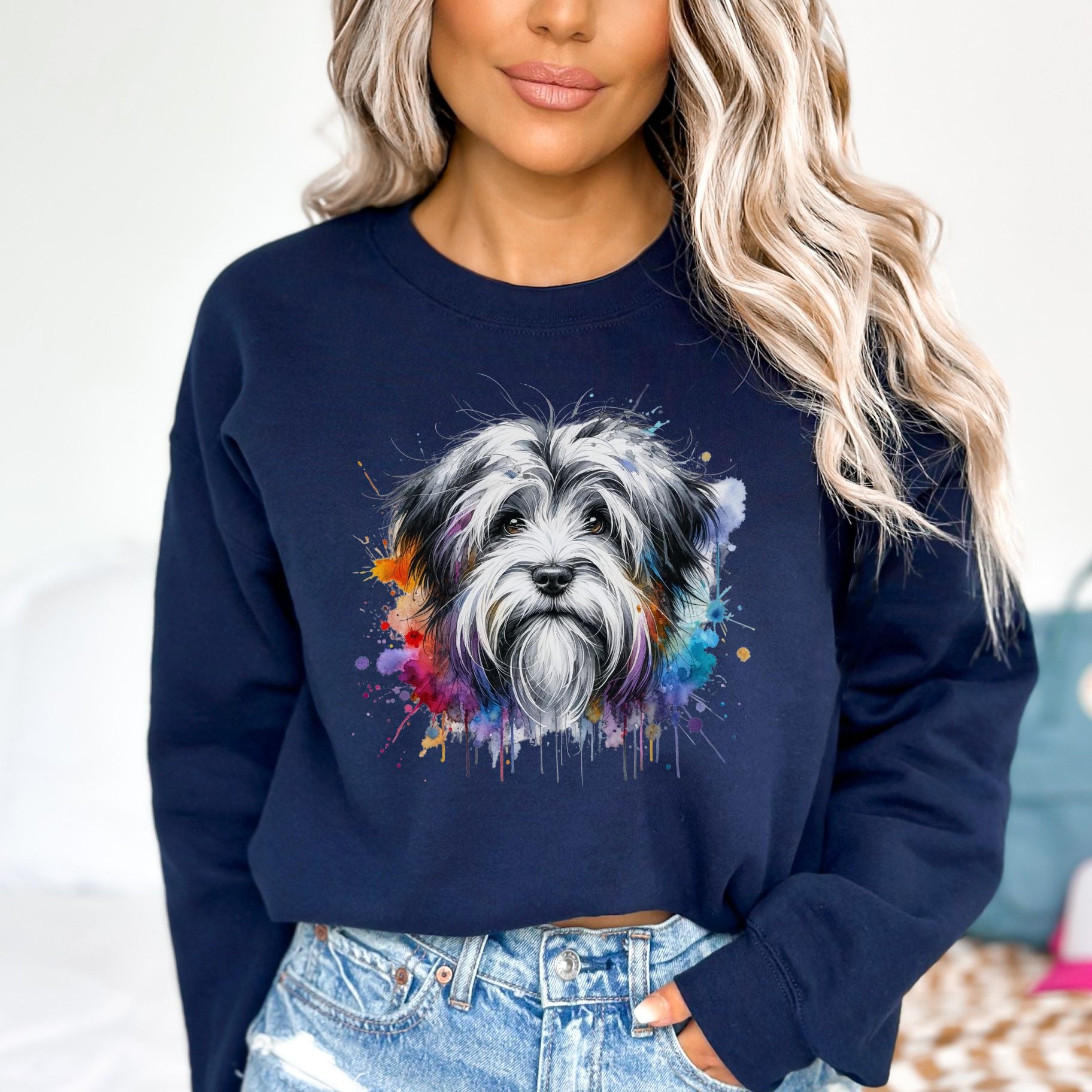 Tibetan Terrier dog mom Color Splash Unisex Sweatshirt Black Navy Dark Heather-Navy-Family-Gift-Planet