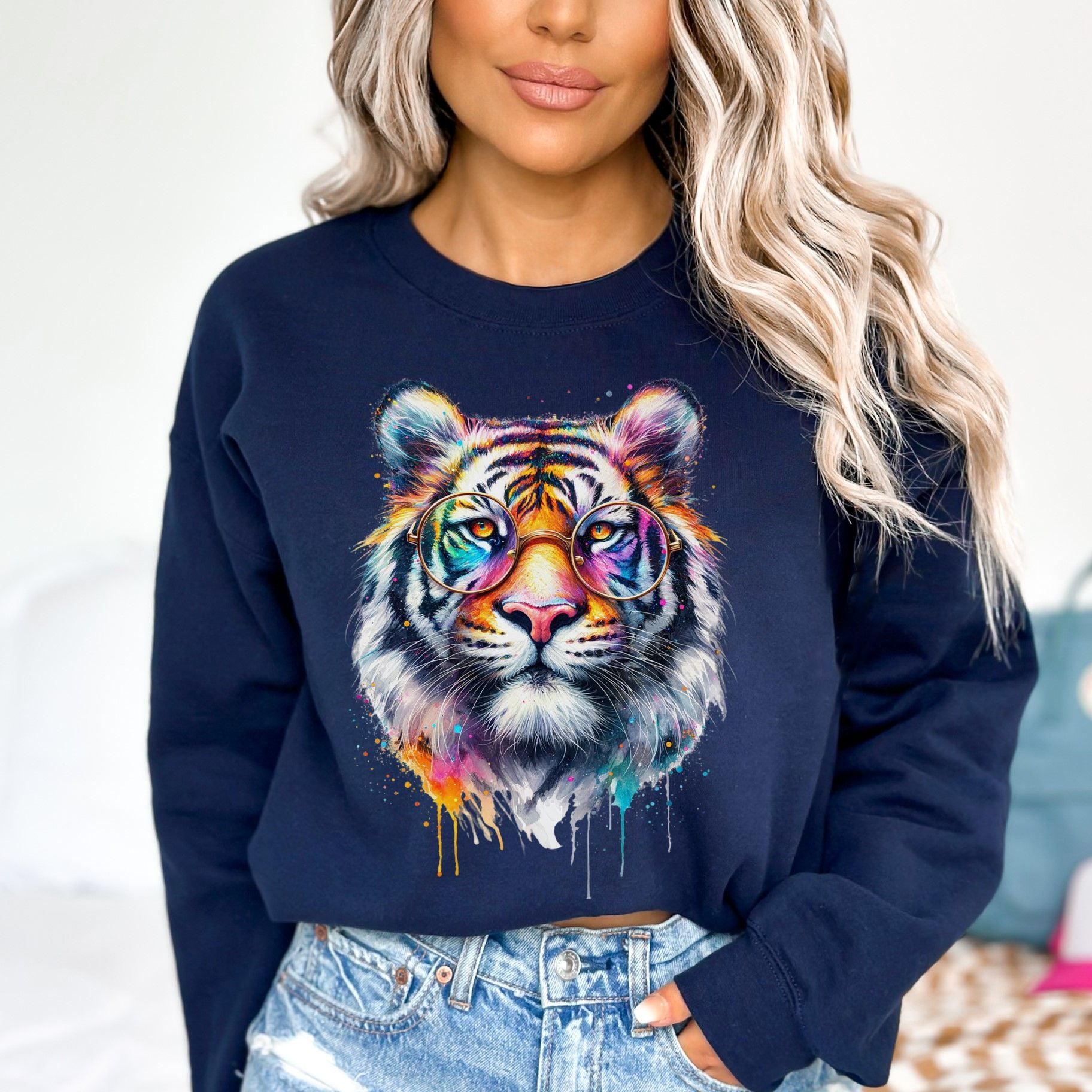 Tiger with eyeglasses Color Splash Unisex Sweatshirt Black Navy Dark Heather-Navy-Family-Gift-Planet
