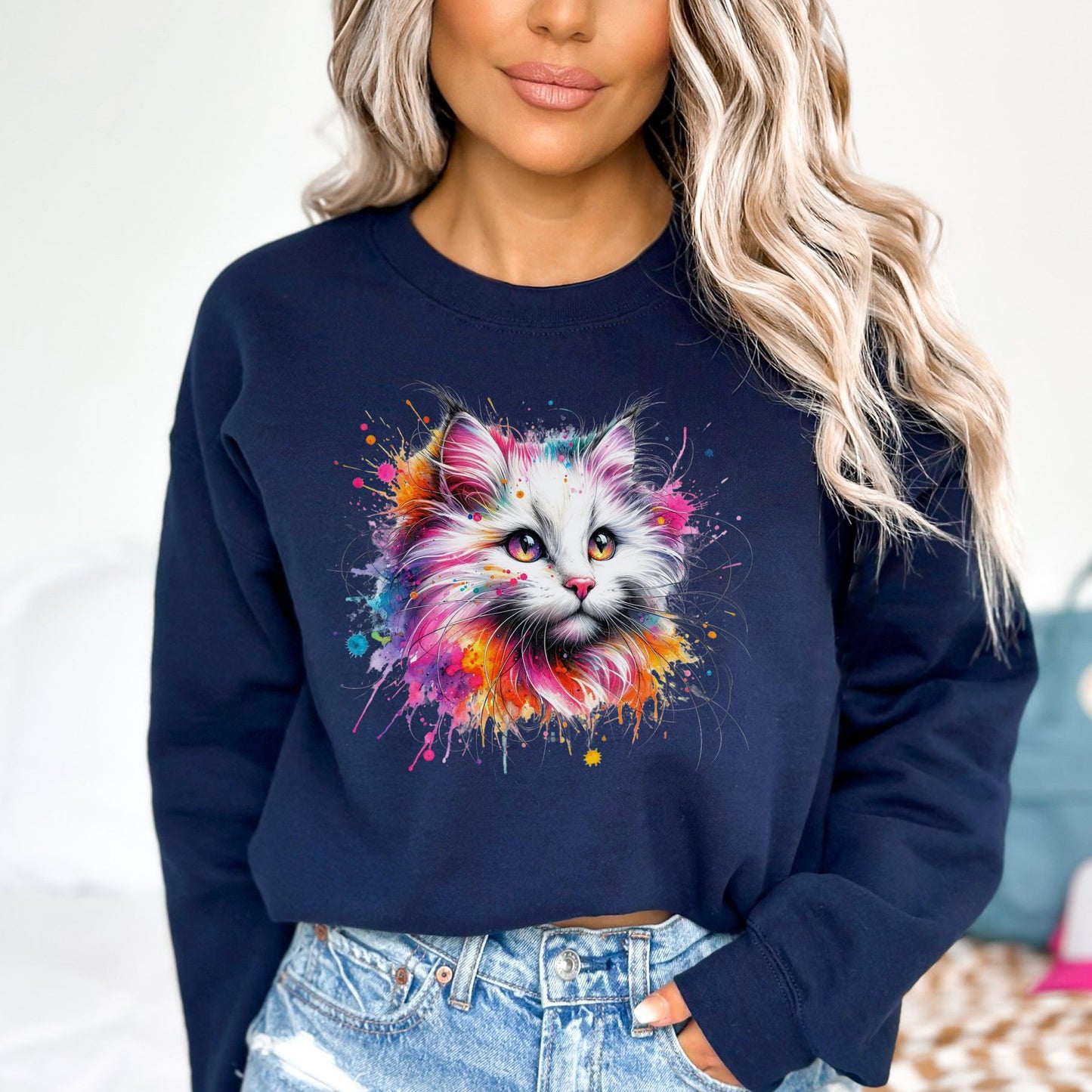 Turkish Angora Cat Color Splash Unisex Sweatshirt Black Navy Dark Heather-Navy-Family-Gift-Planet