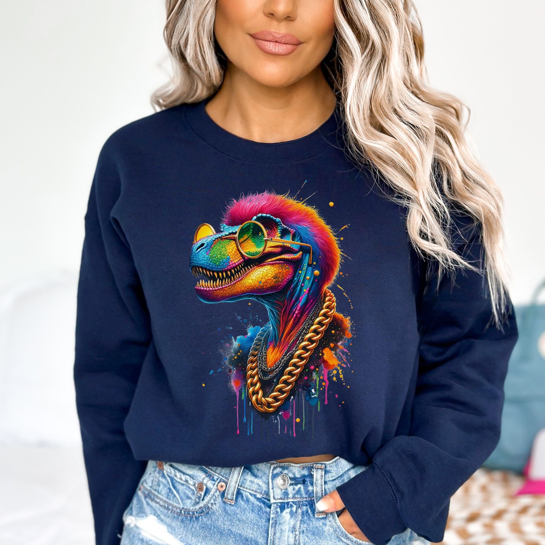 Tyrannosaurus Rex (T-Rex) in hip style Color Splash Unisex Sweatshirt-Family-Gift-Planet