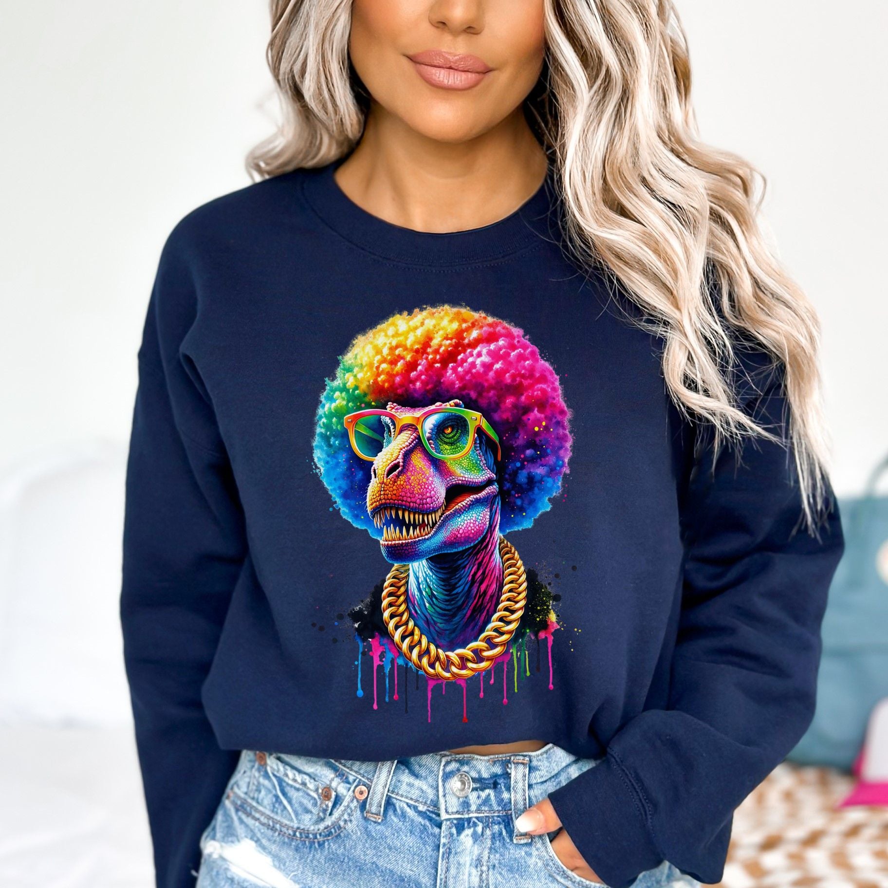 Tyrannosaurys Rex (T-Rex) neon Color Splash Unisex Sweatshirt-Navy-Family-Gift-Planet