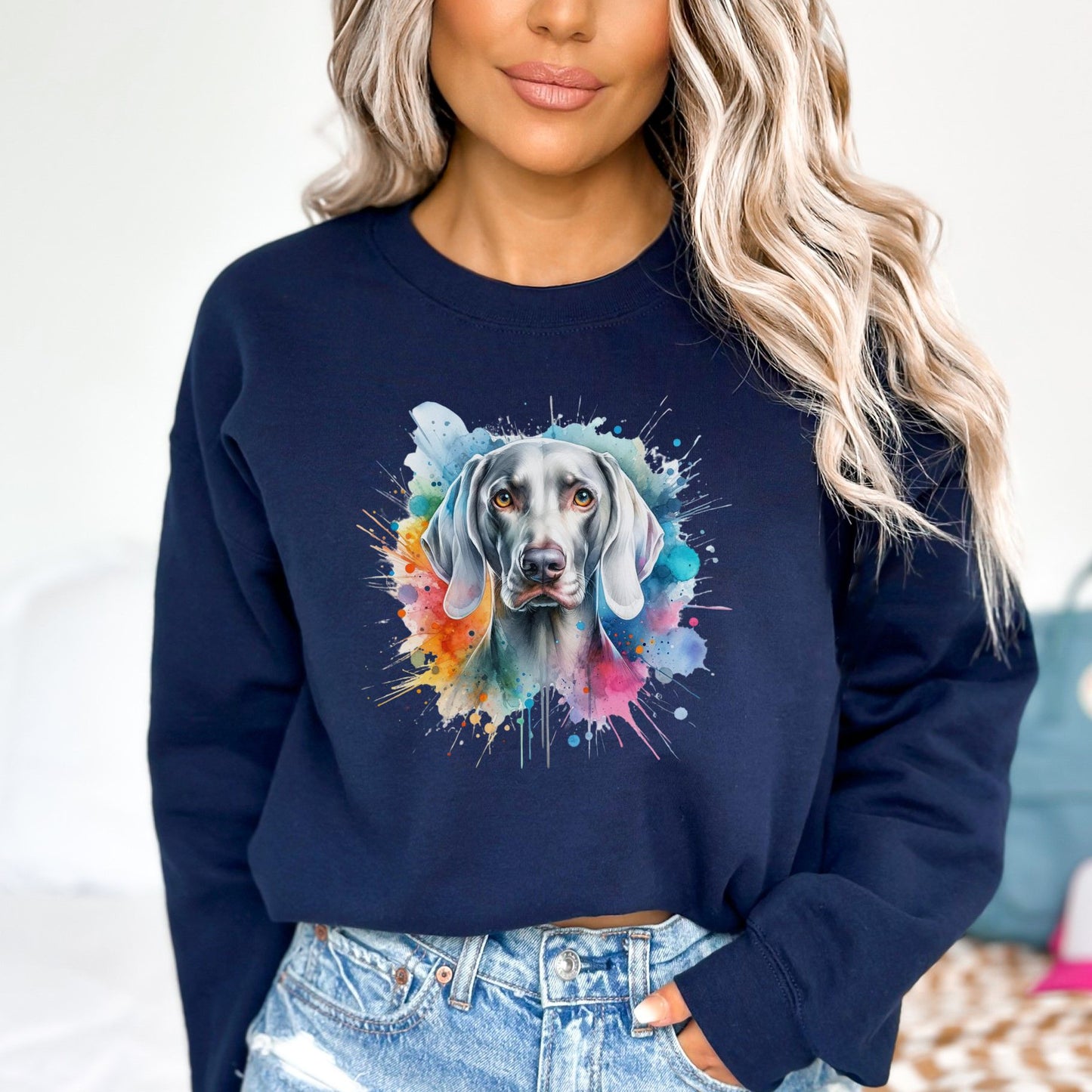 Weimaraner Dog mama Color Splash Unisex Sweatshirt Black Navy Dark Heather-Navy-Family-Gift-Planet