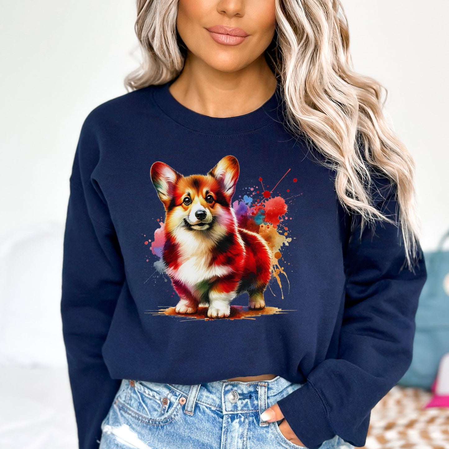 Welsh Corgi Color Splash Unisex Sweatshirt Black Navy Dark Heather-Navy-Family-Gift-Planet