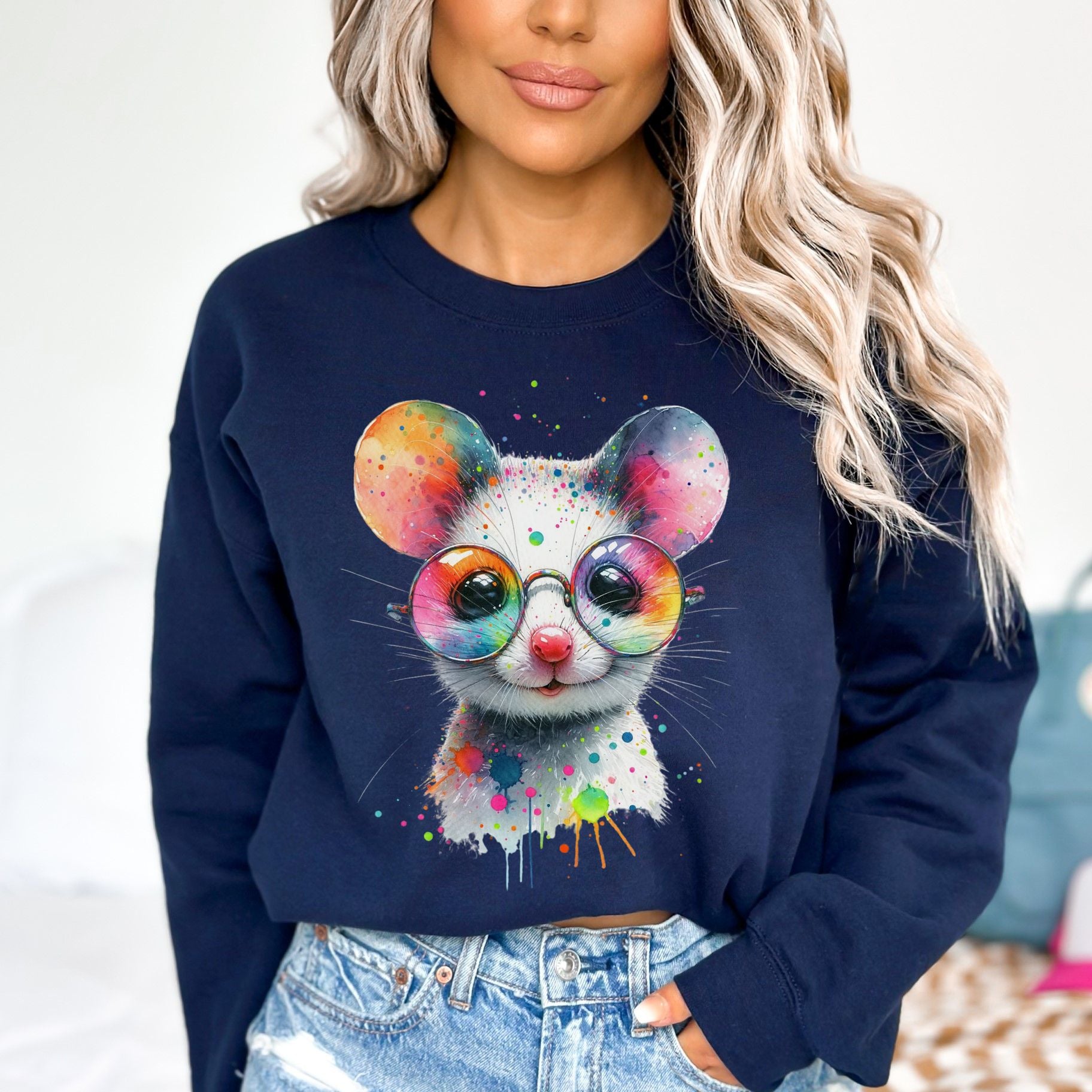 Whimsical mouse with glasses Color Splash Unisex Sweatshirt Black Navy Dark Heather-Navy-Family-Gift-Planet