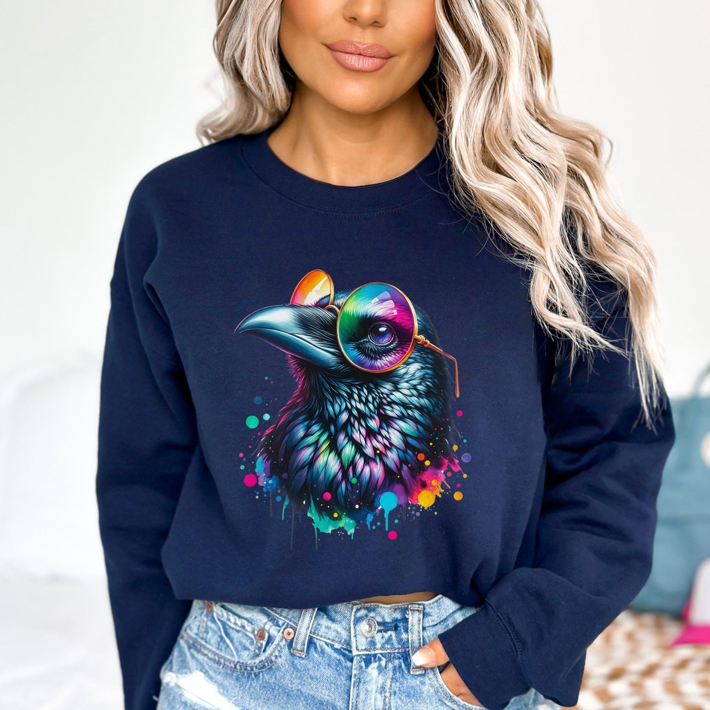 Whimsical raven Color Splash Unisex Sweatshirt Black Navy Dark Heather-Family-Gift-Planet