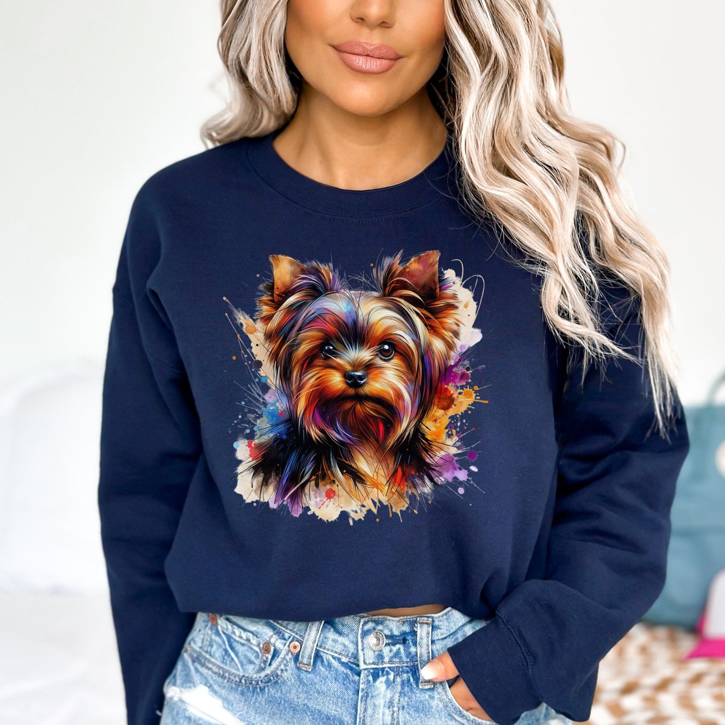 Yorkshire Terrier Color Splash Unisex Sweatshirt Black Navy Dark Heather-Navy-Family-Gift-Planet
