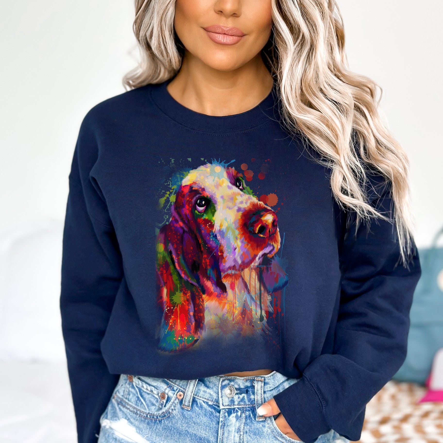 Artistic Basset hound dog Unisex Crewneck Sweatshirt digital Art-Navy-Family-Gift-Planet