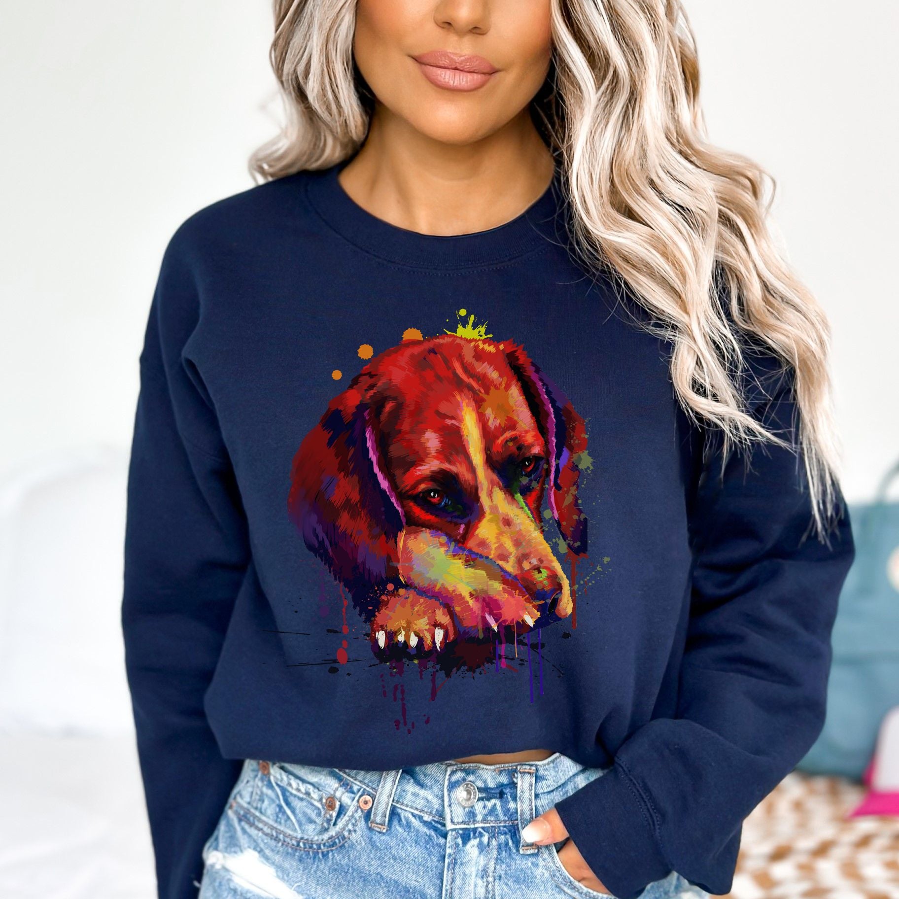 Artistic Beagle dog Unisex Crewneck Sweatshirt digital Art-Navy-Family-Gift-Planet