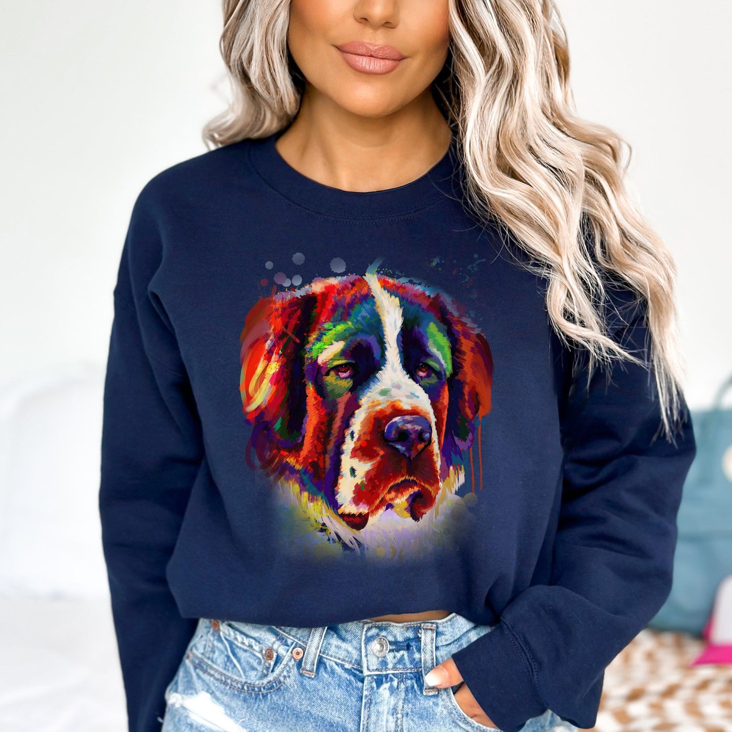 Abstract Bernard dog Unisex Crewneck Sweatshirt with expressive splashes-Navy-Family-Gift-Planet