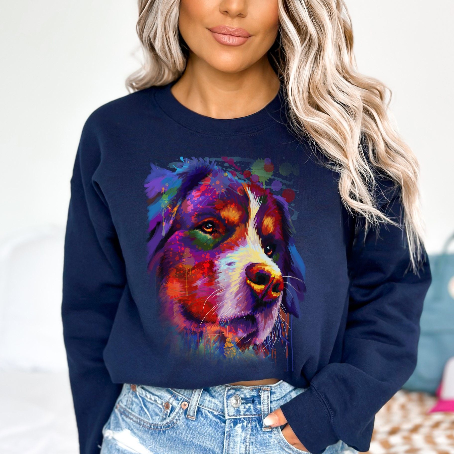 Artistic Bernese mountain dog Unisex Crewneck Sweatshirt digital Art-Navy-Family-Gift-Planet