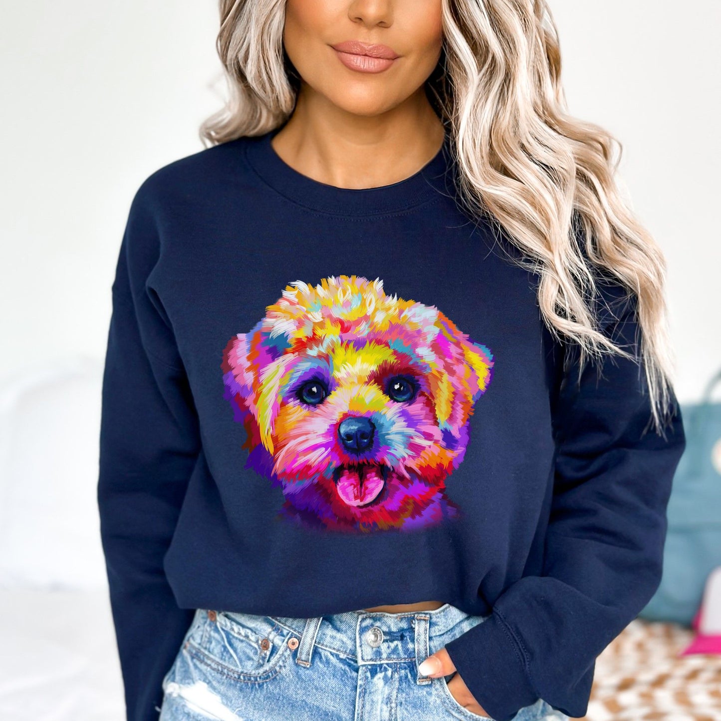 Abstract Bichon Frise dog Unisex Crewneck Sweatshirt with expressive splashes-Navy-Family-Gift-Planet