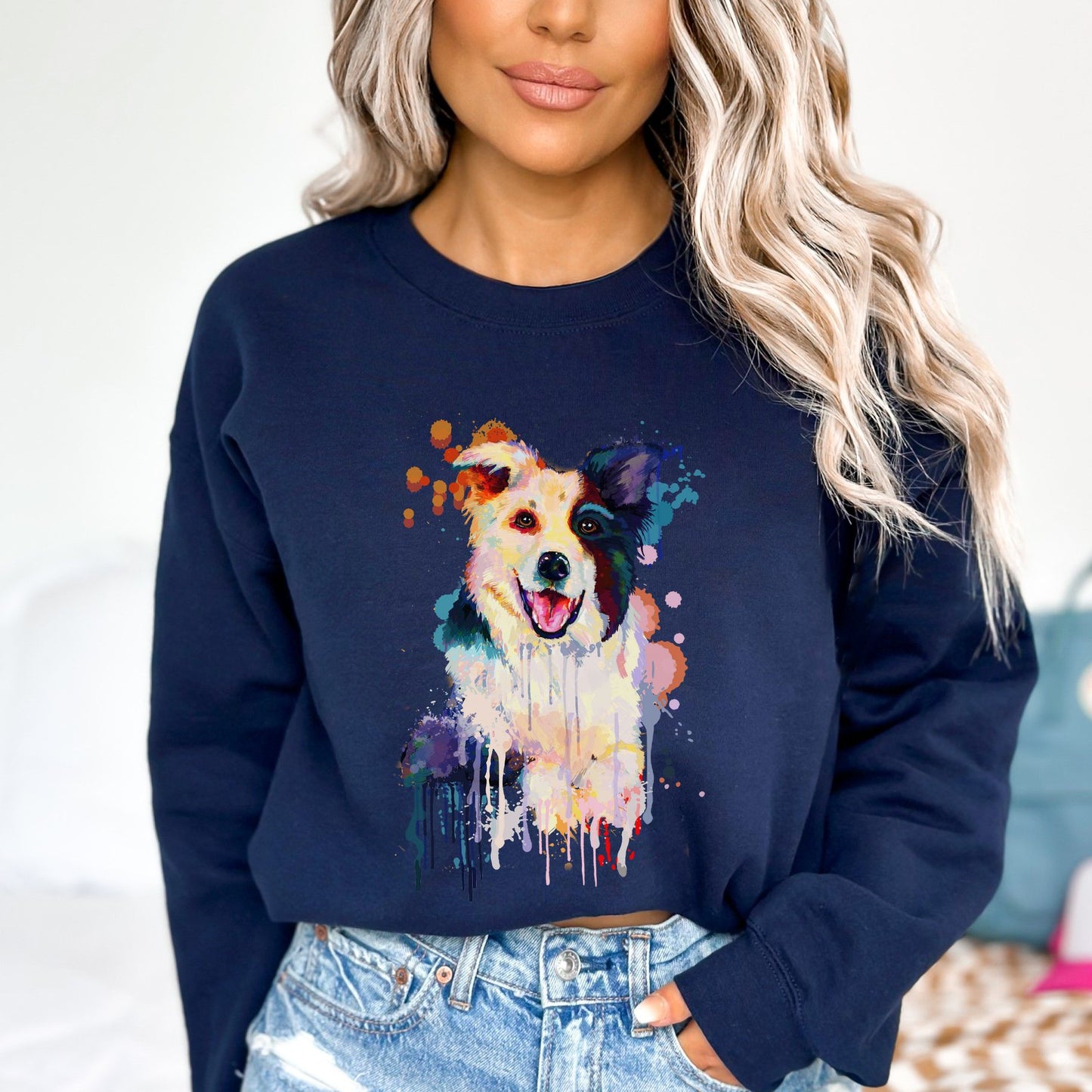 Abstract Border collie dog Unisex Crewneck Sweatshirt with expressive splashes-Navy-Family-Gift-Planet