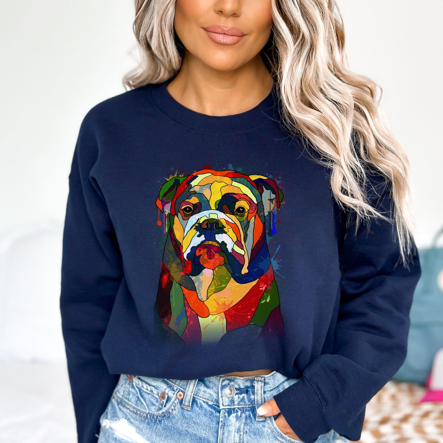 Artistic Bulldog dog Unisex Crewneck Sweatshirt digital Art-Navy-Family-Gift-Planet