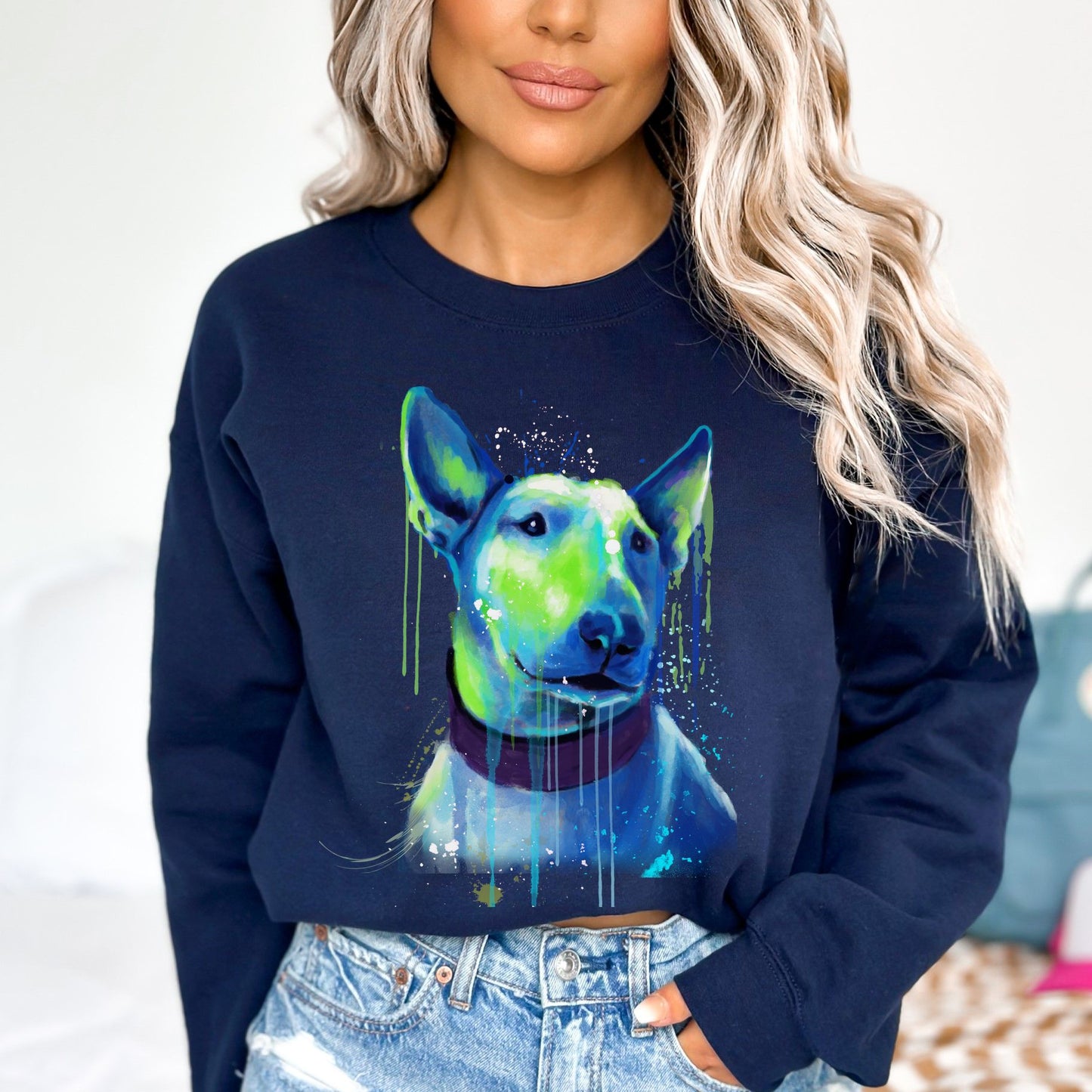 Neon green and blue Splash Art Bull Terriers dog Unisex Crewneck Sweatshirt-Navy-Family-Gift-Planet