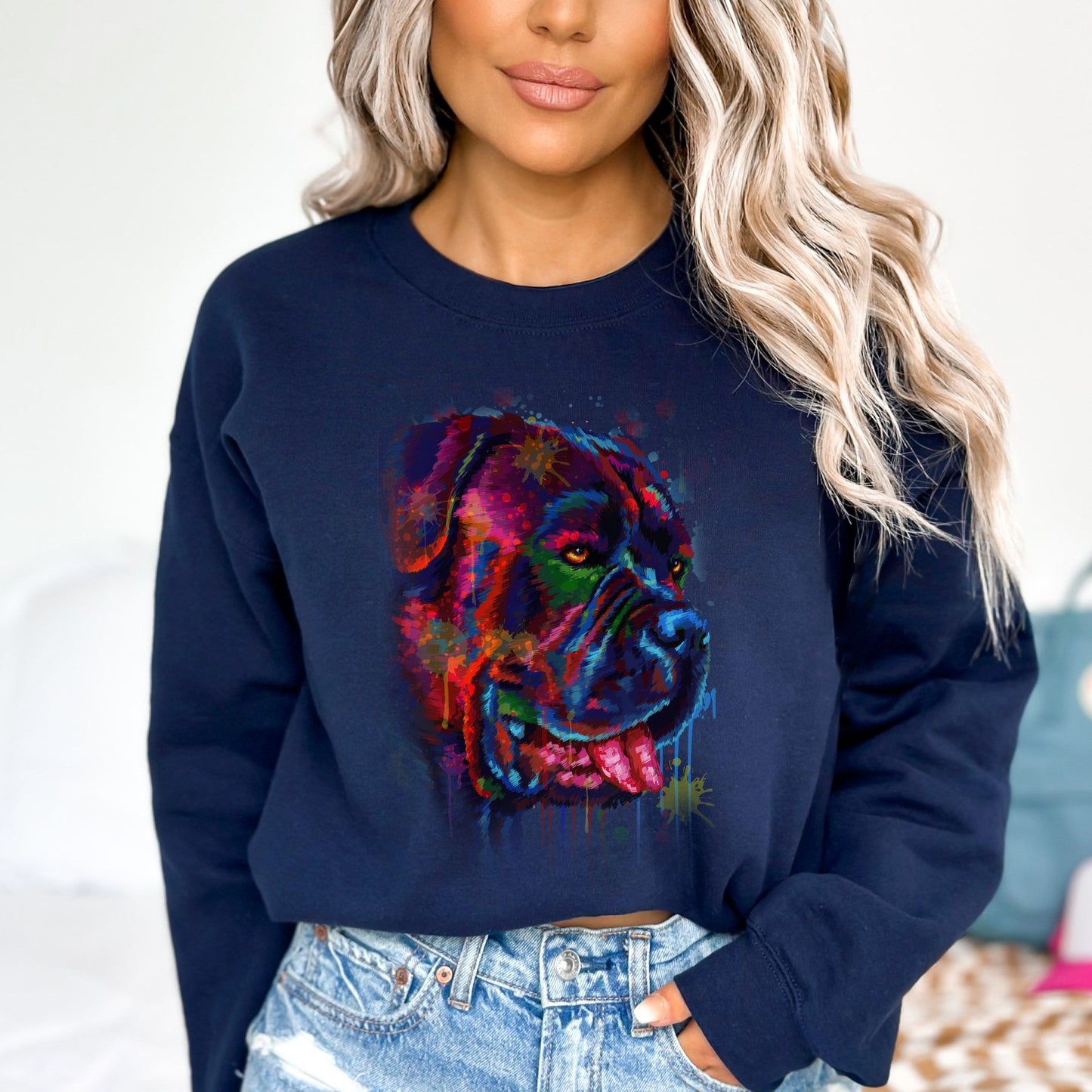 Vibrant digital Bullmastiff dog Art Unisex Crewneck Sweatshirt black navy dark heather-Navy-Family-Gift-Planet