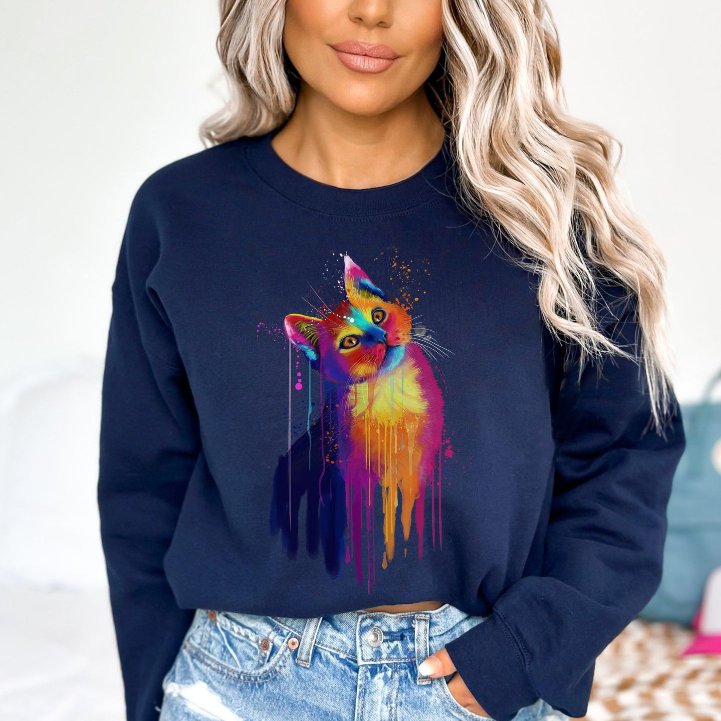 Splash color cat Unisex Crewneck Sweatshirt Abstract pet design-Navy-Family-Gift-Planet