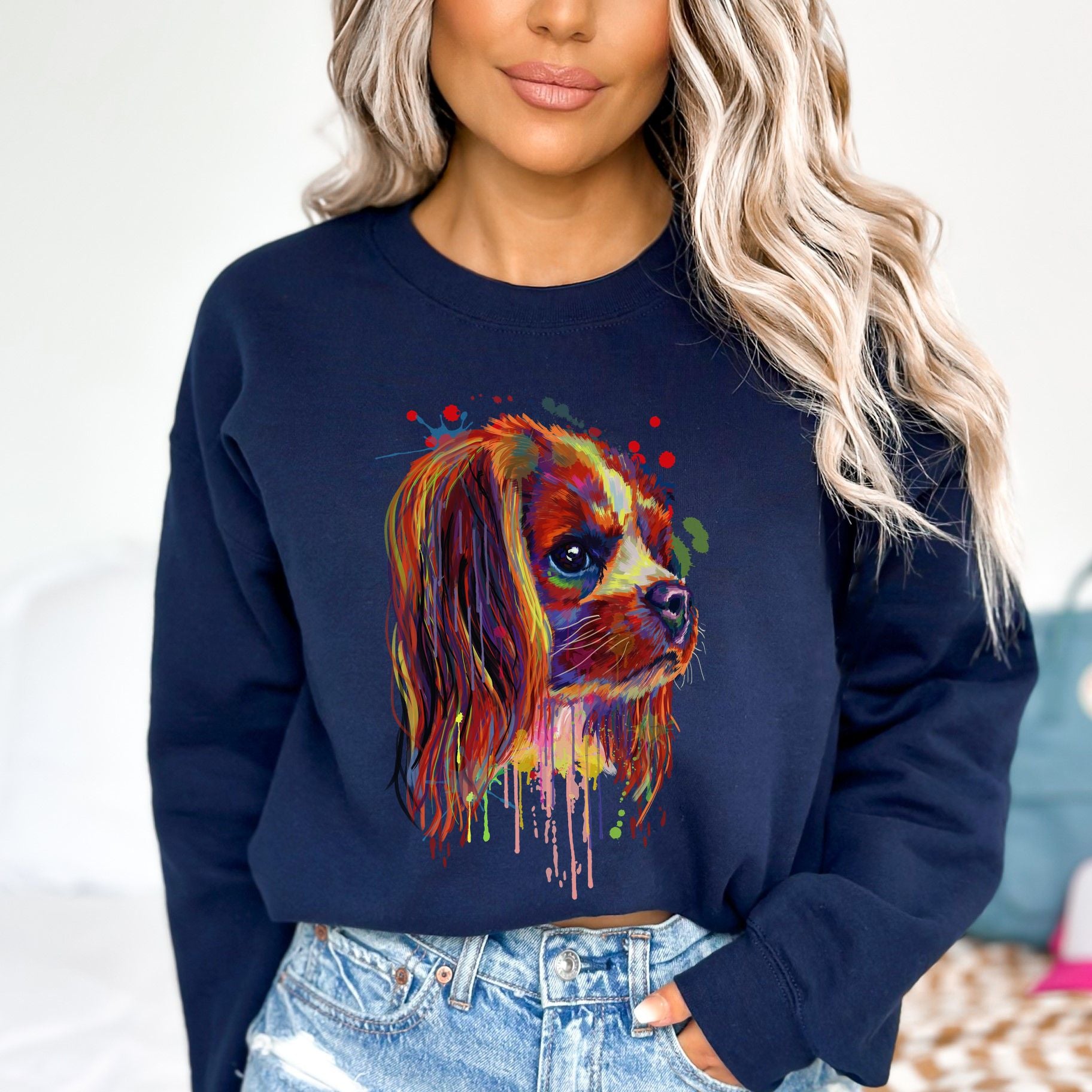 Artistic Cavalier dog Unisex Crewneck Sweatshirt digital Art-Navy-Family-Gift-Planet