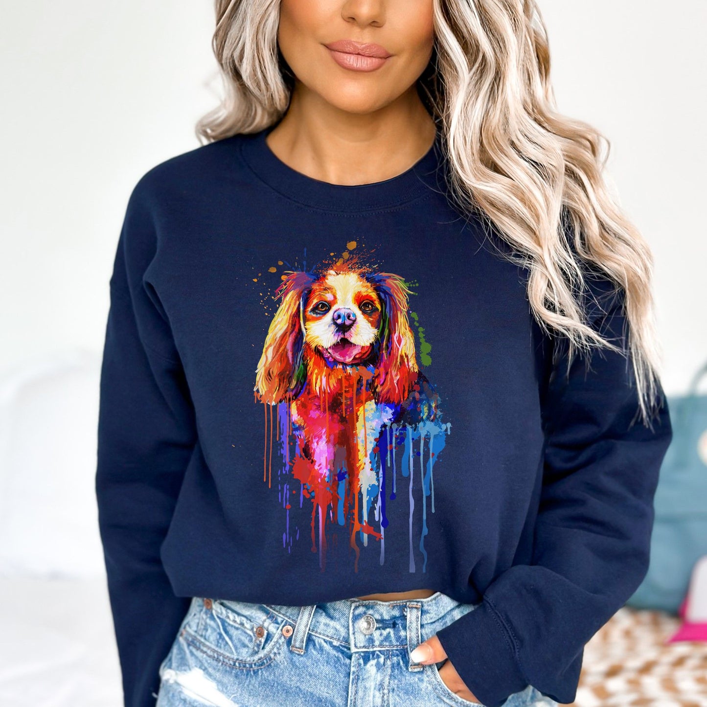 Abstract Cavalier dog Unisex Crewneck Sweatshirt with expressive splashes-Navy-Family-Gift-Planet