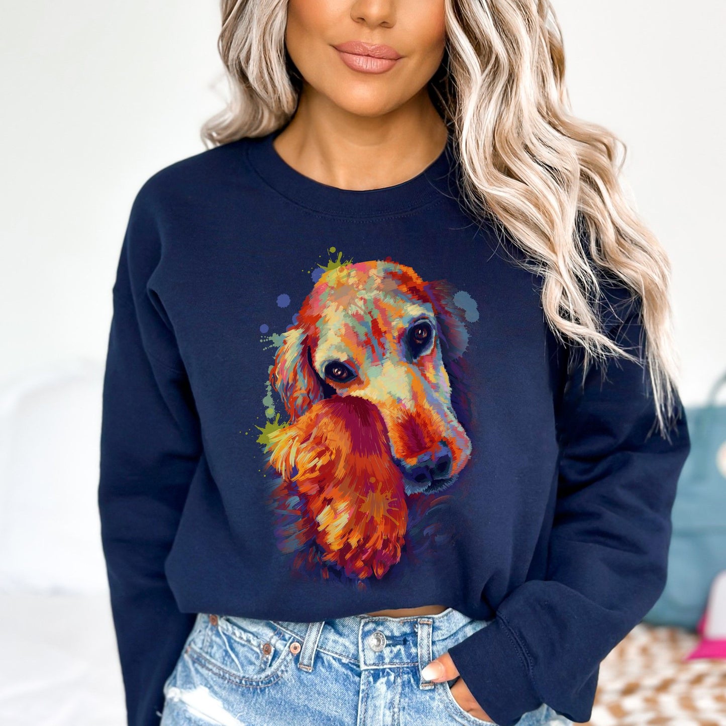 Artistic Cocker Spaniel dog Unisex Crewneck Sweatshirt digital Art-Navy-Family-Gift-Planet