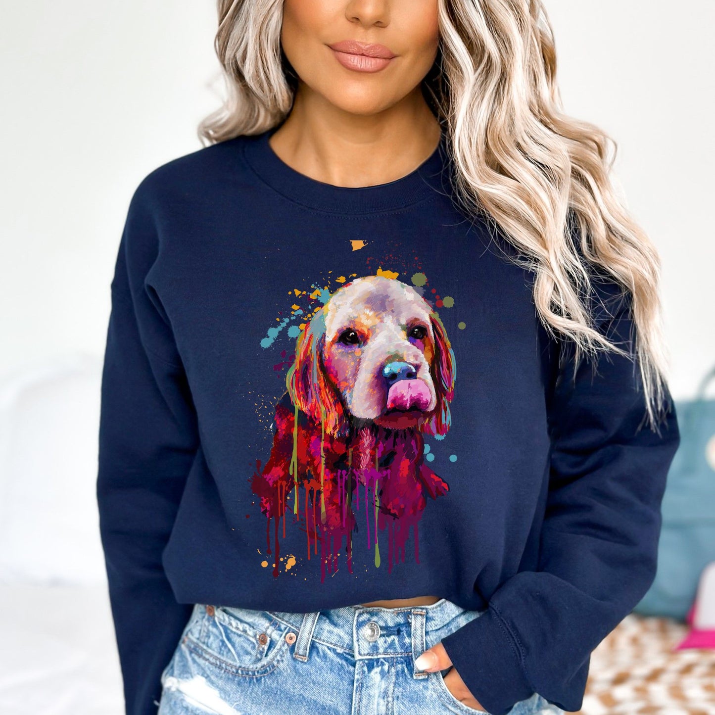 Splash color Cocker Spaniel dog Unisex Crewneck Sweatshirt Abstract pet design-Navy-Family-Gift-Planet