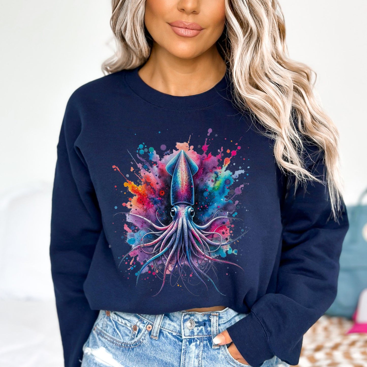 Artistic Deep sea squid Color Splash Unisex Sweatshirt Black Navy Dark Heather-Family-Gift-Planet