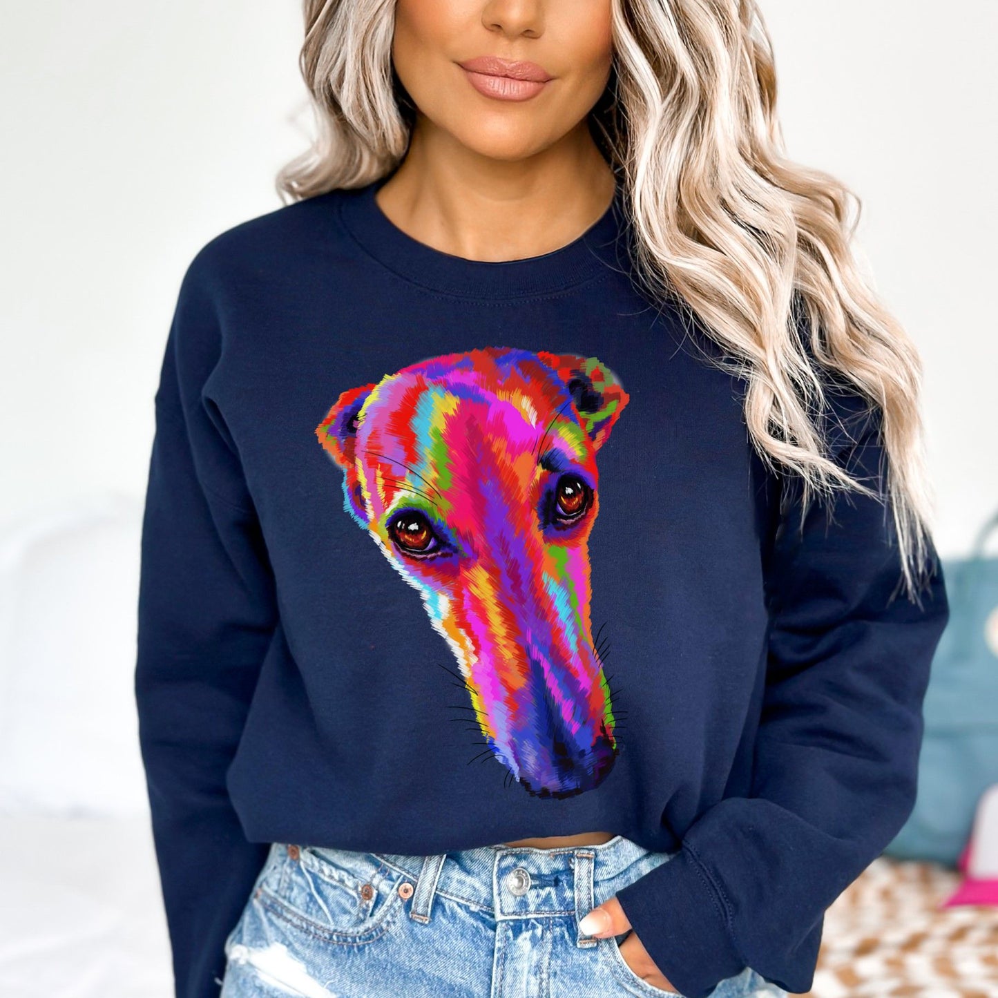 Neon pink and purple Splash Art Greyhound dog Unisex Crewneck Sweatshirt-Navy-Family-Gift-Planet