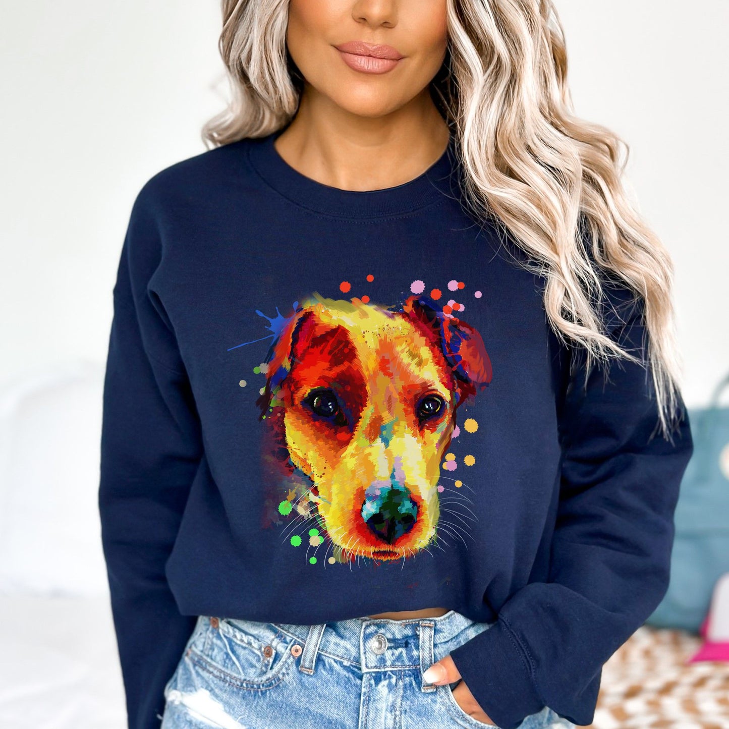 Artistic Jack Russell dog Unisex Crewneck Sweatshirt digital Art-Navy-Family-Gift-Planet