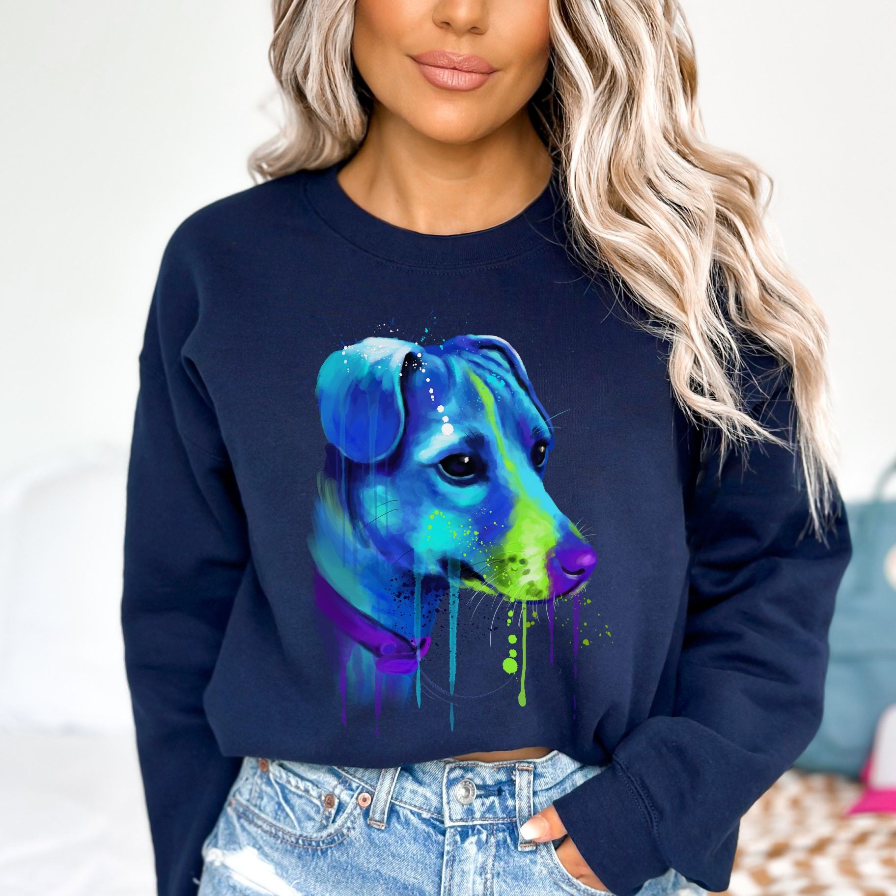Abstract Jack Russell dog Unisex Crewneck Sweatshirt with expressive splashes-Navy-Family-Gift-Planet