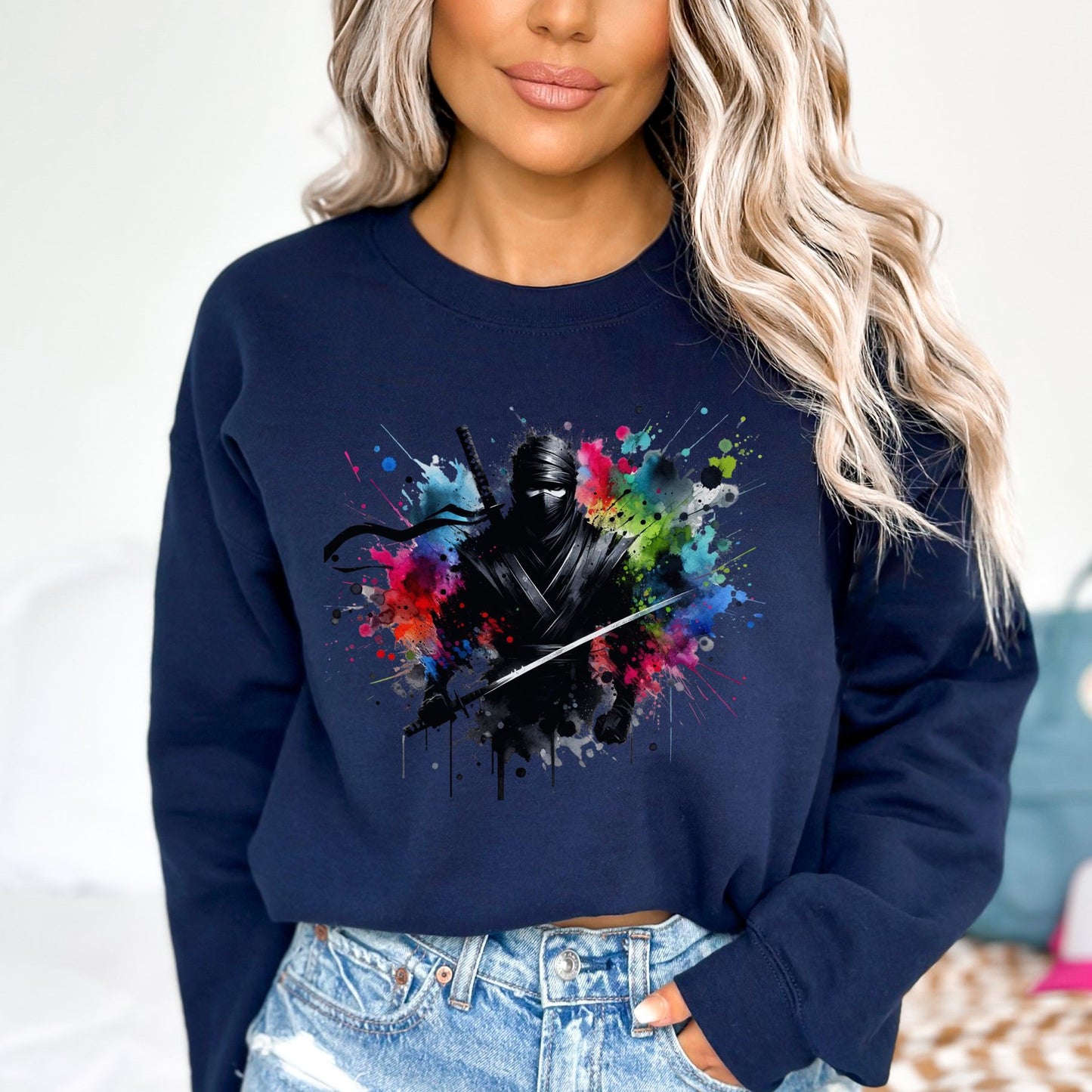 Ninja Color Splash Unisex Sweatshirt Ninja in the dark Black Navy Dark Heather-Navy-Family-Gift-Planet