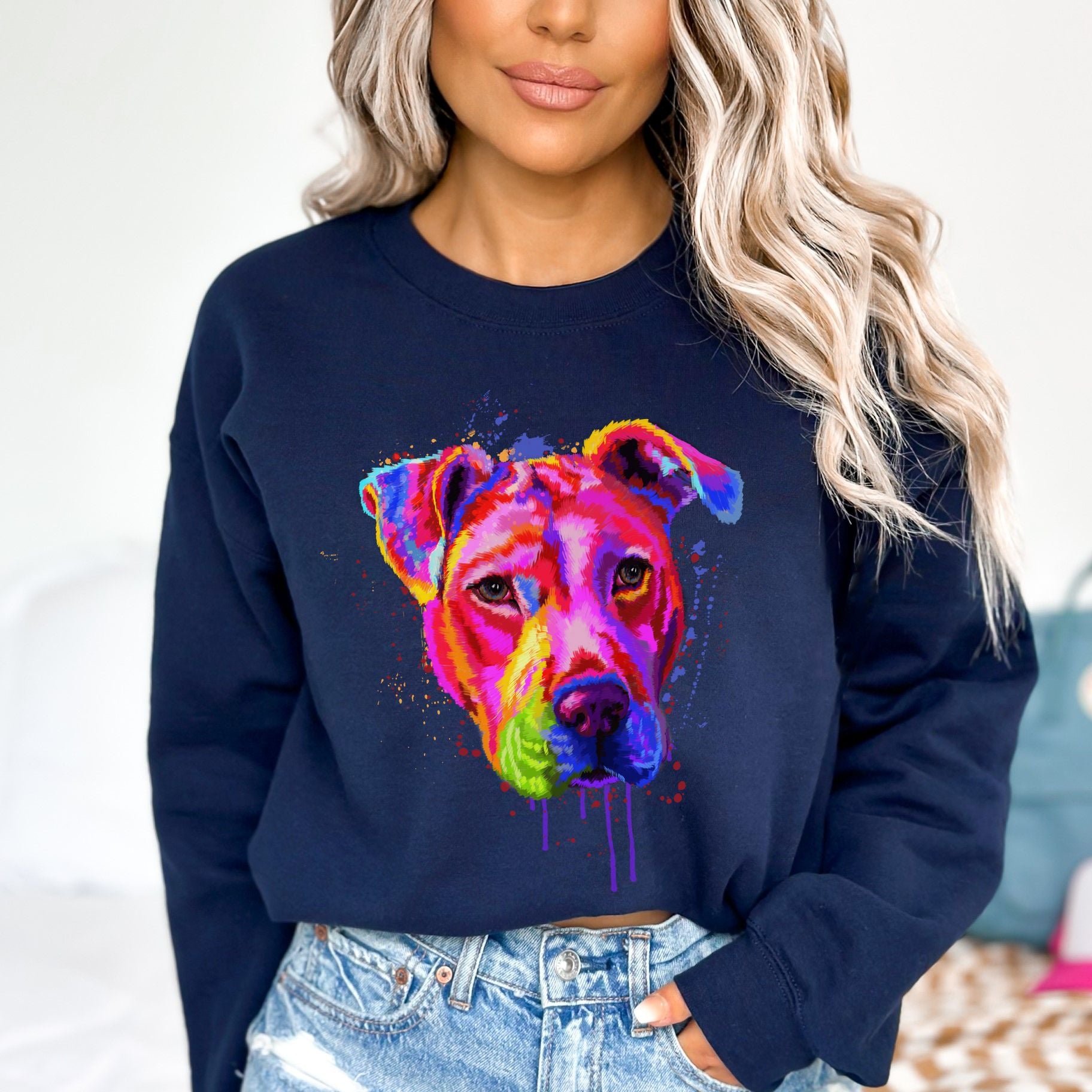 Splash colors Pitbull dog Unisex Crewneck Sweatshirt Abstract pet design-Navy-Family-Gift-Planet