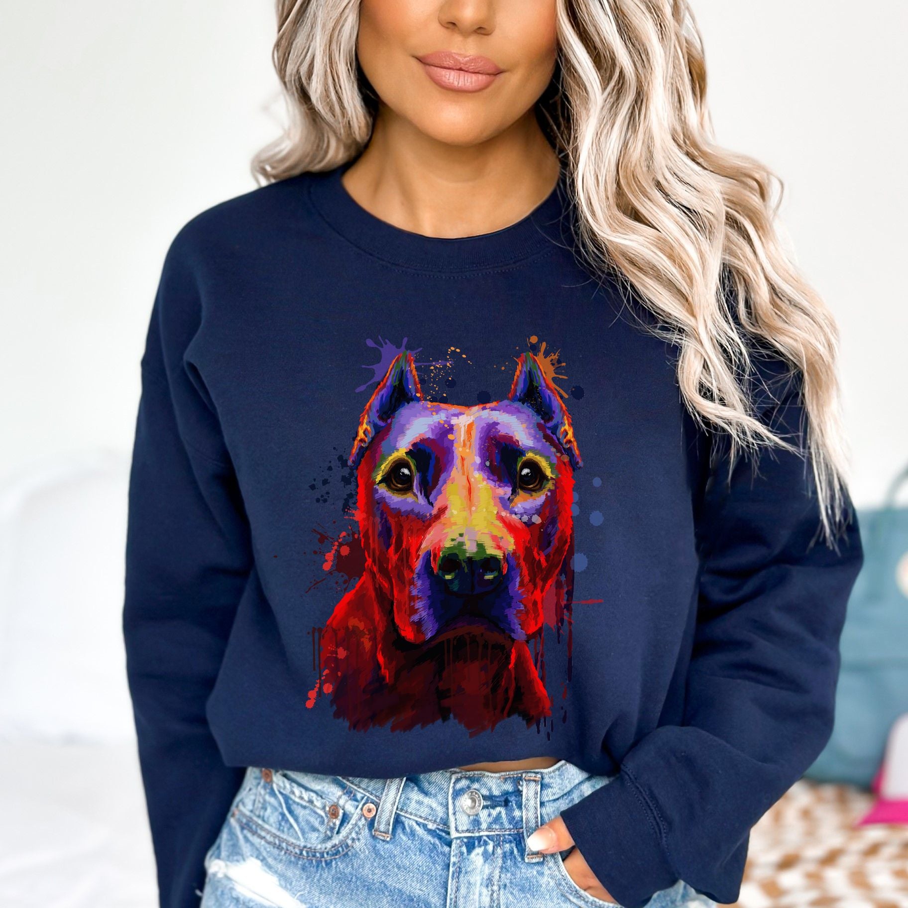 Abstract Pitbul dog Unisex Crewneck Sweatshirt with expressive splashes-Navy-Family-Gift-Planet
