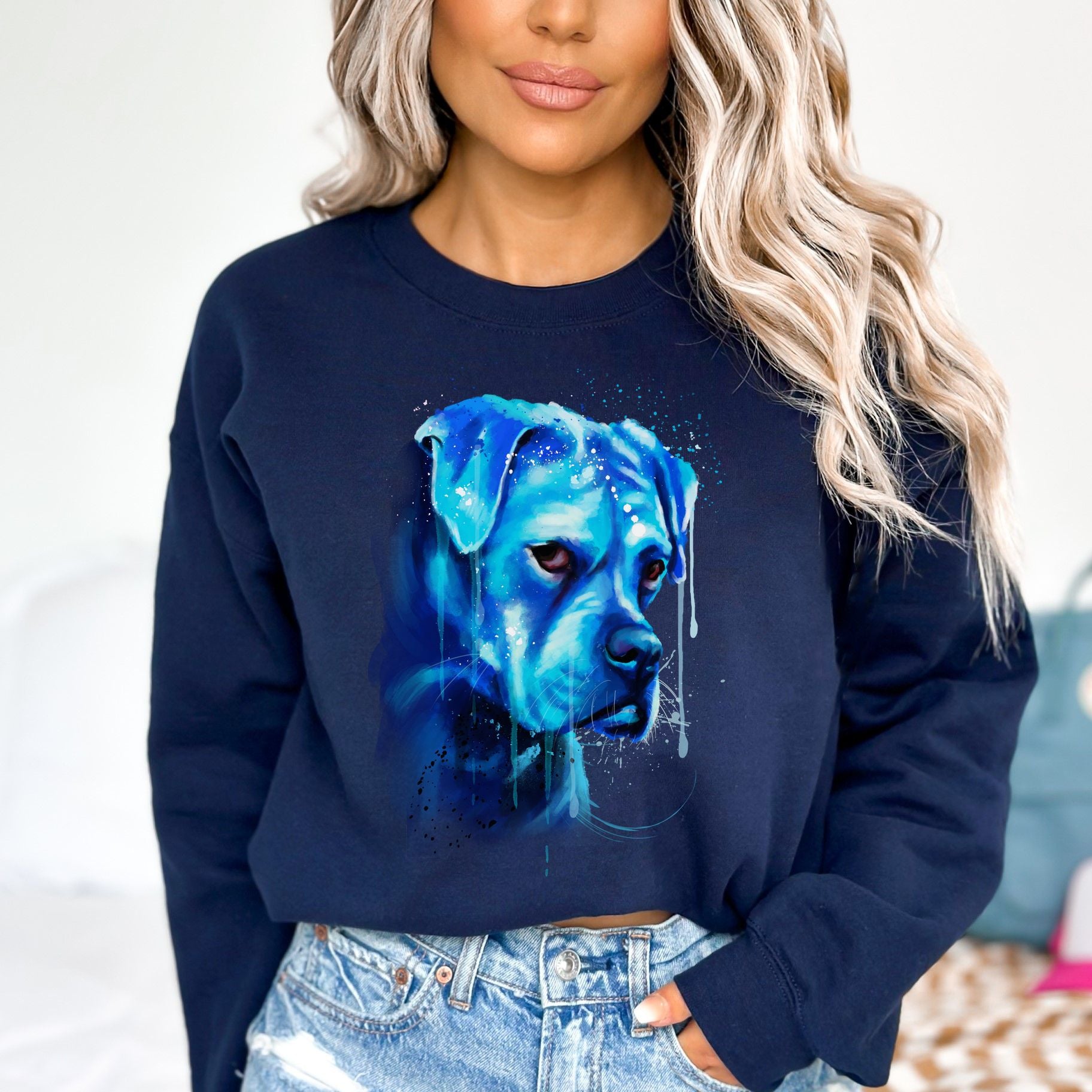 Neon blue Splash Art Pitbull dog Unisex Crewneck Sweatshirt-Navy-Family-Gift-Planet