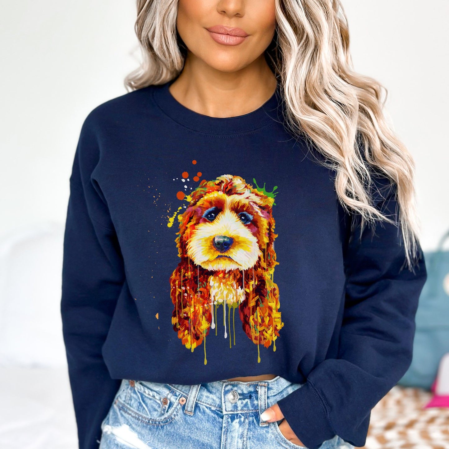 Artistic Poodle dog Unisex Crewneck Sweatshirt digital Art-Navy-Family-Gift-Planet