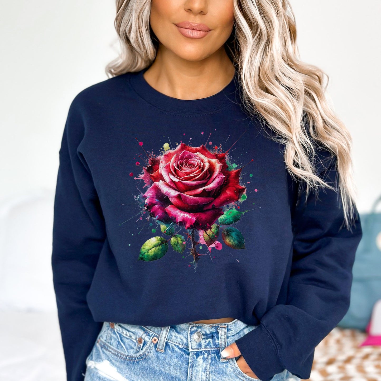 Artistic Rose Flower Color Splash Unisex Sweatshirt Black Navy Dark Heather-Navy-Family-Gift-Planet