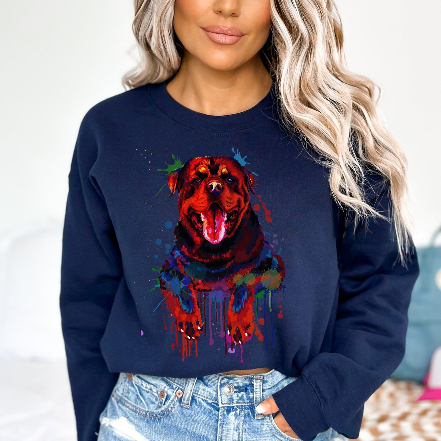 Abstract Rottweiler dog Unisex Crewneck Sweatshirt with expressive splashes-Navy-Family-Gift-Planet