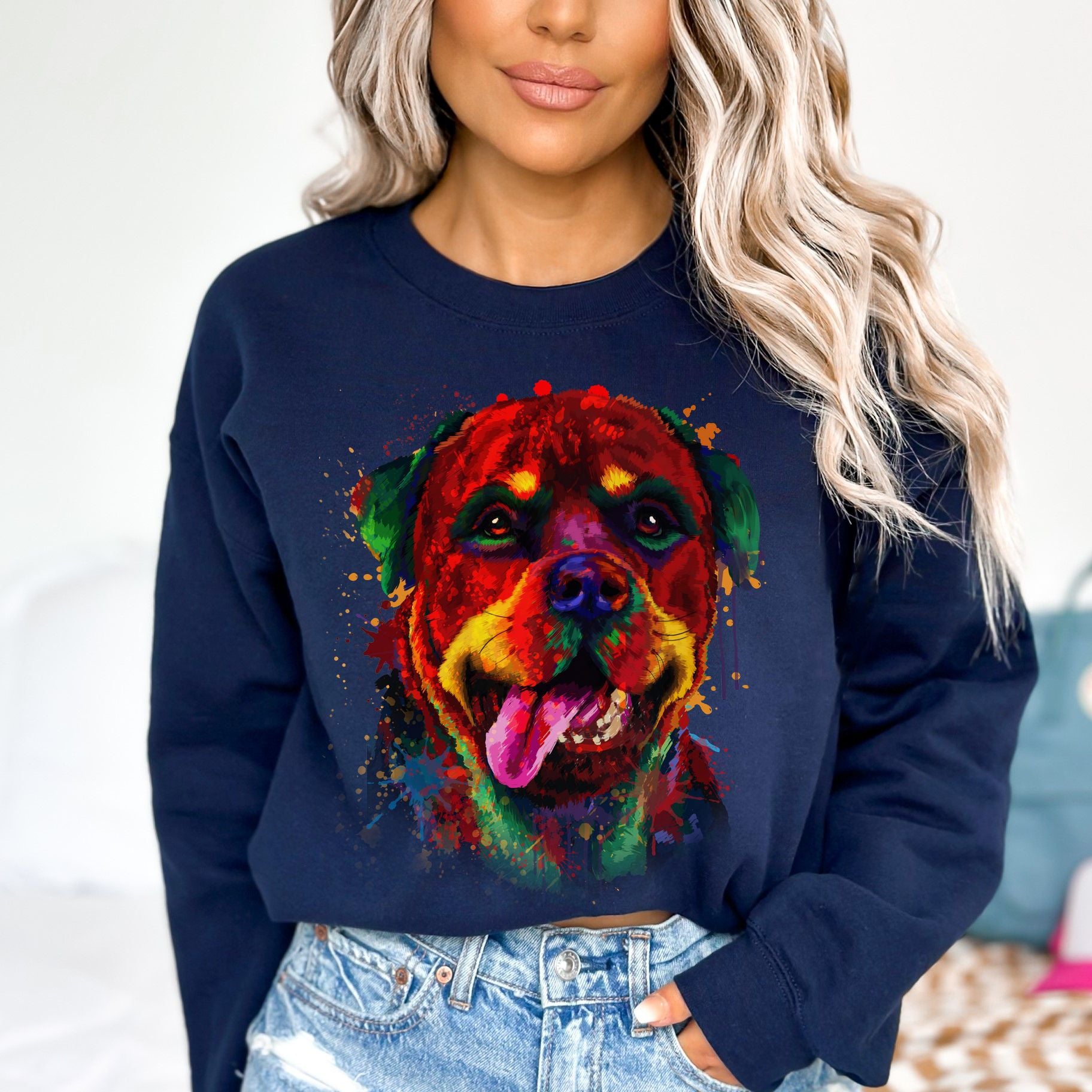 Artistic Rottweiler dog Unisex Crewneck Sweatshirt digital Art-Navy-Family-Gift-Planet