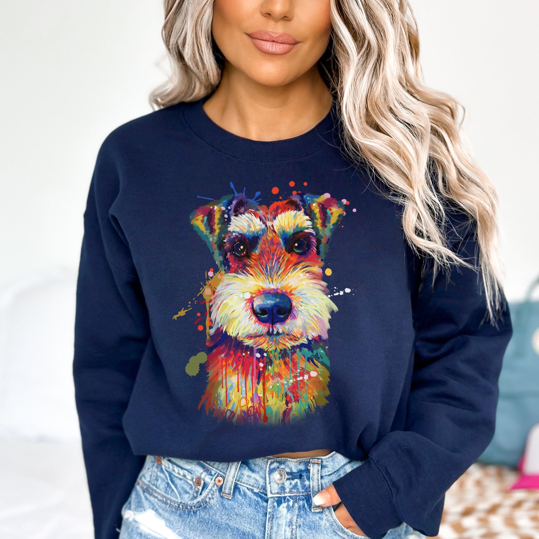Abstract Schnauzer dog Unisex Crewneck Sweatshirt with expressive splashes-Navy-Family-Gift-Planet