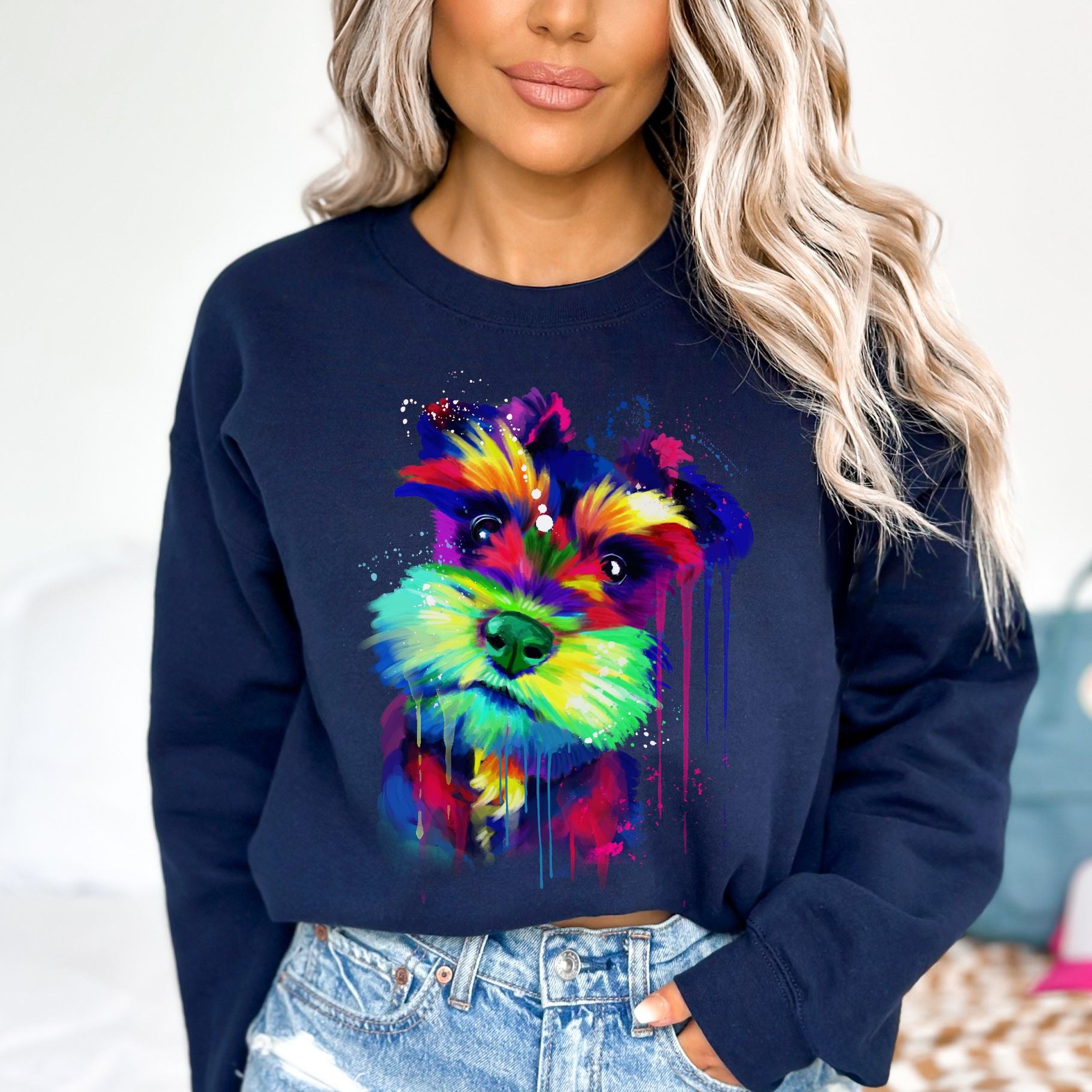 Artistic Schnauzer dog Unisex Crewneck Sweatshirt digital Art-Navy-Family-Gift-Planet