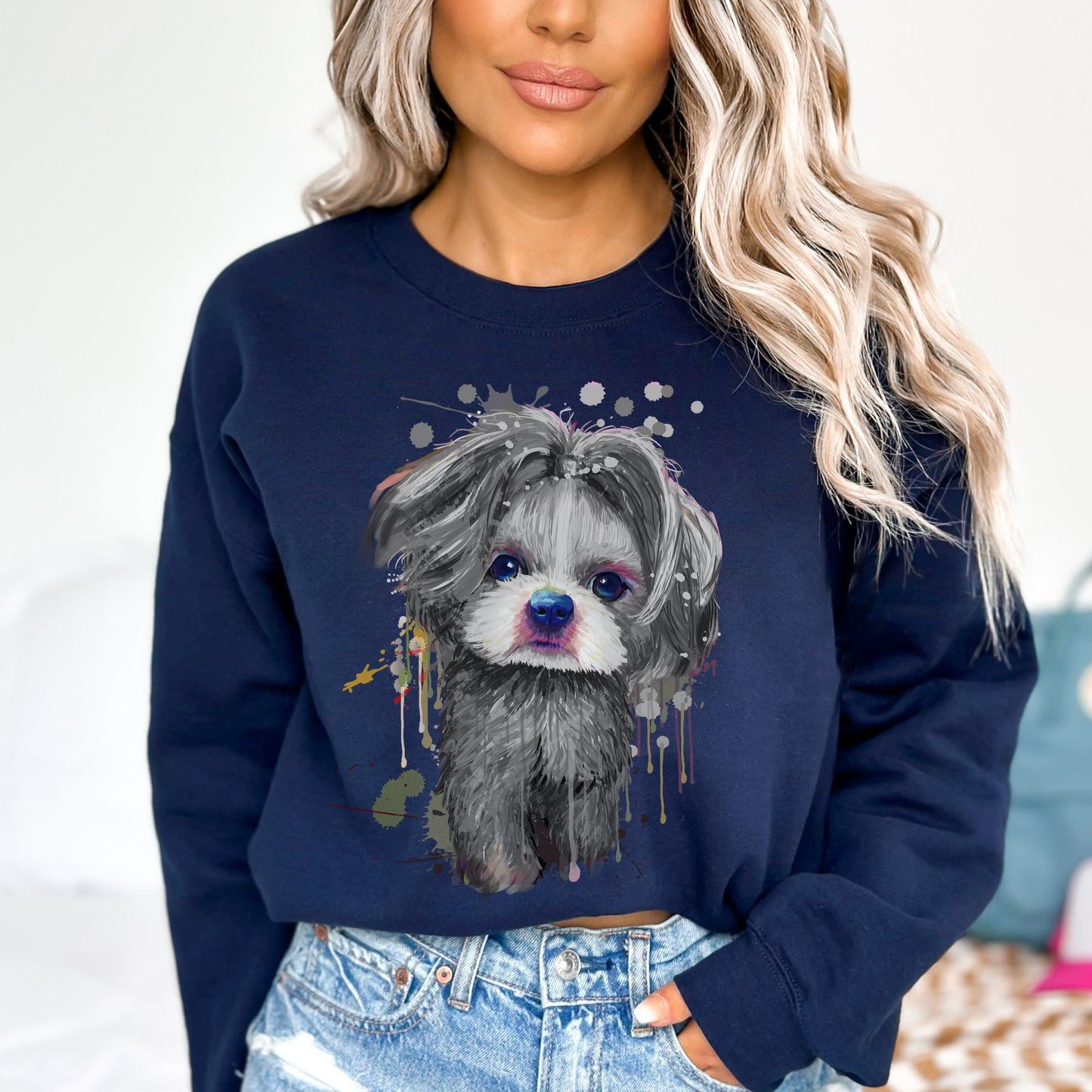 Abstract Shih Tzu dog Unisex Crewneck Sweatshirt with expressive splashes-Navy-Family-Gift-Planet