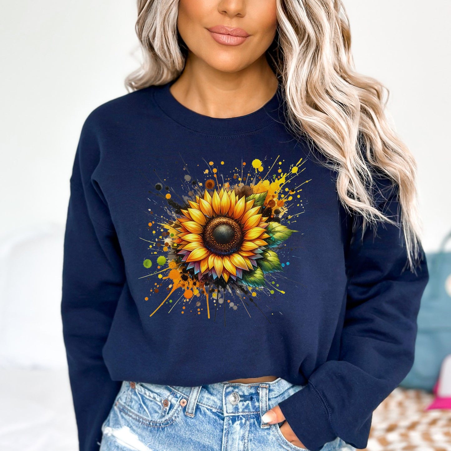 Artistic Sunflower Color Splash Unisex Sweatshirt Black Navy Dark Heather-Navy-Family-Gift-Planet